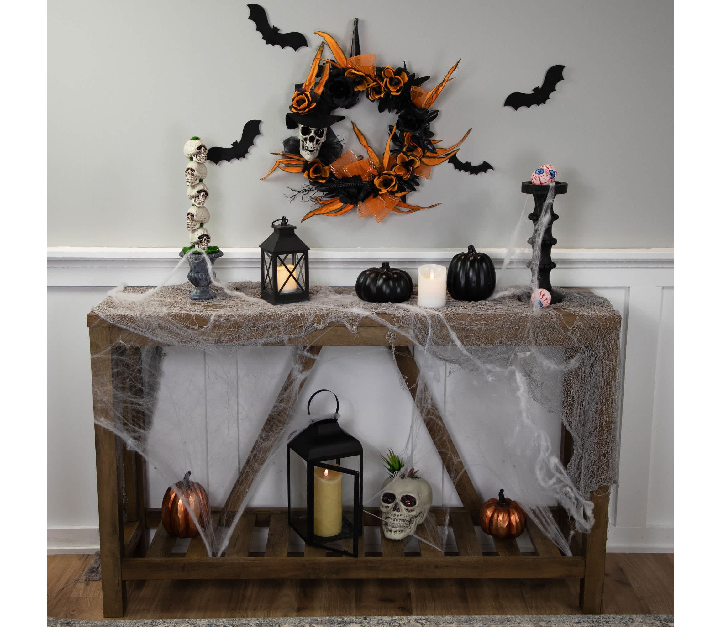 Skull with Black and Orange Roses Halloween Wreath  14-Inch  Unlit