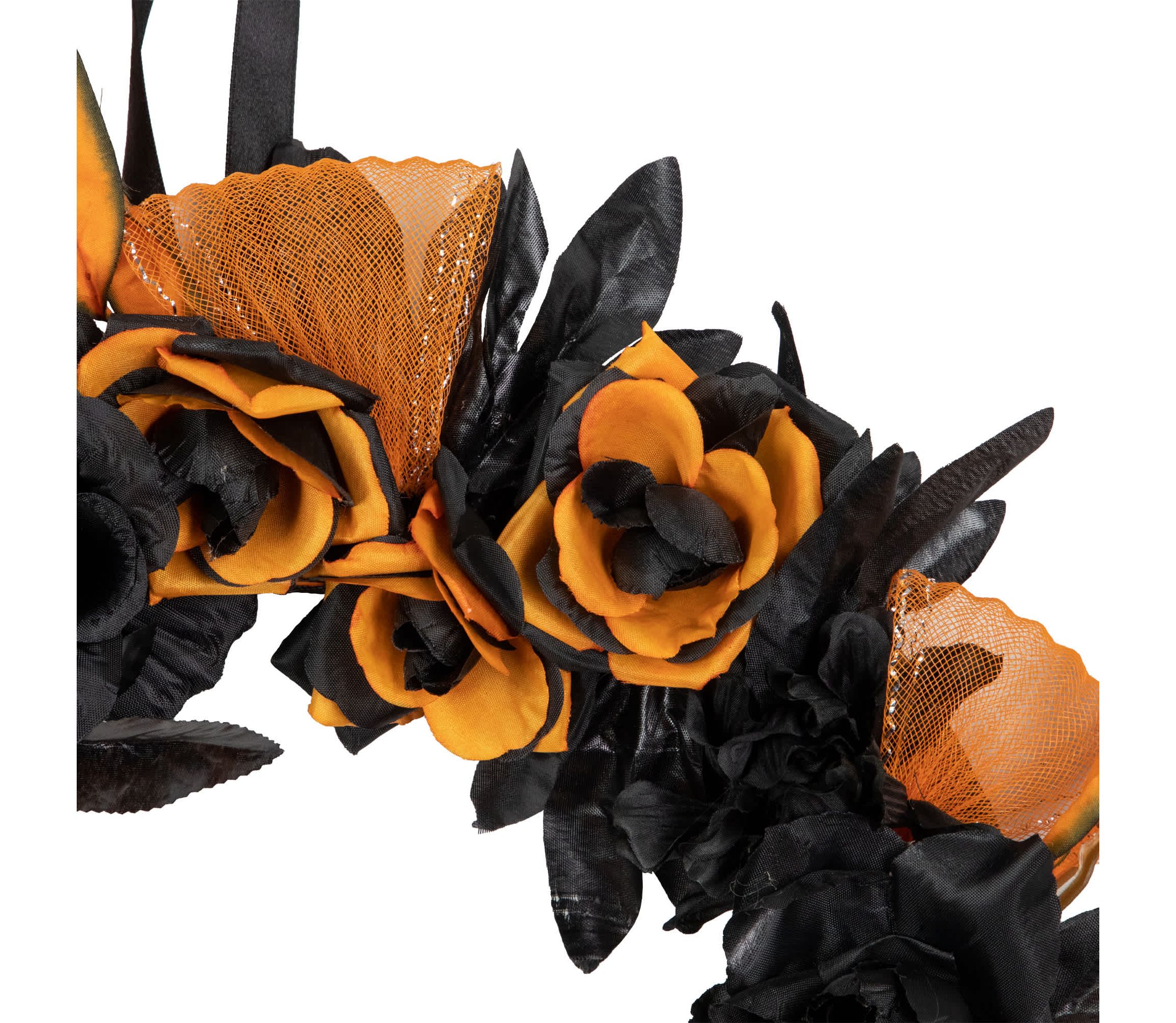 Skull with Black and Orange Roses Halloween Wreath  14-Inch  Unlit