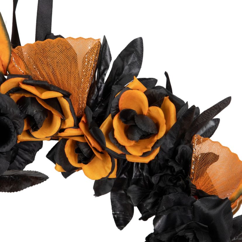 Skull with Black and Orange Roses Halloween Wreath  14-Inch  Unlit