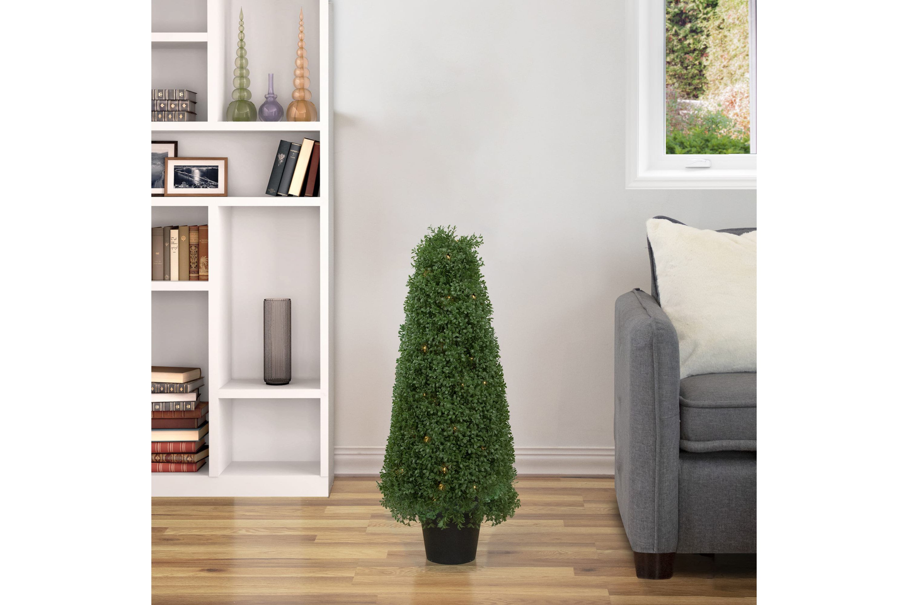 3 Pre-Lit Artificial Boxwood Cone Topiary Tree with Round Pot  Clear Lights