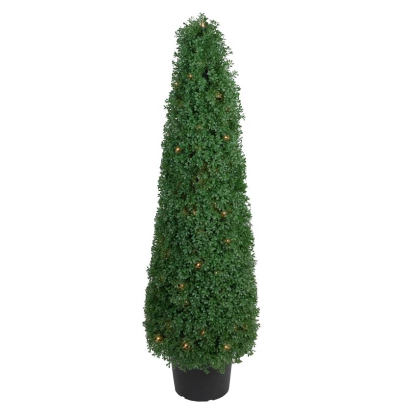4 Pre-Lit Artificial Boxwood Cone Topiary Tree with Round Pot  Clear Lights
