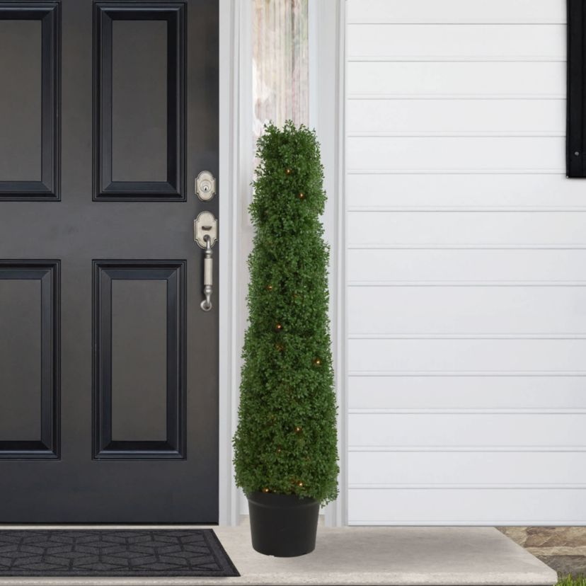 4 Pre-Lit Artificial Boxwood Cone Topiary Tree with Pot  Clear Lights