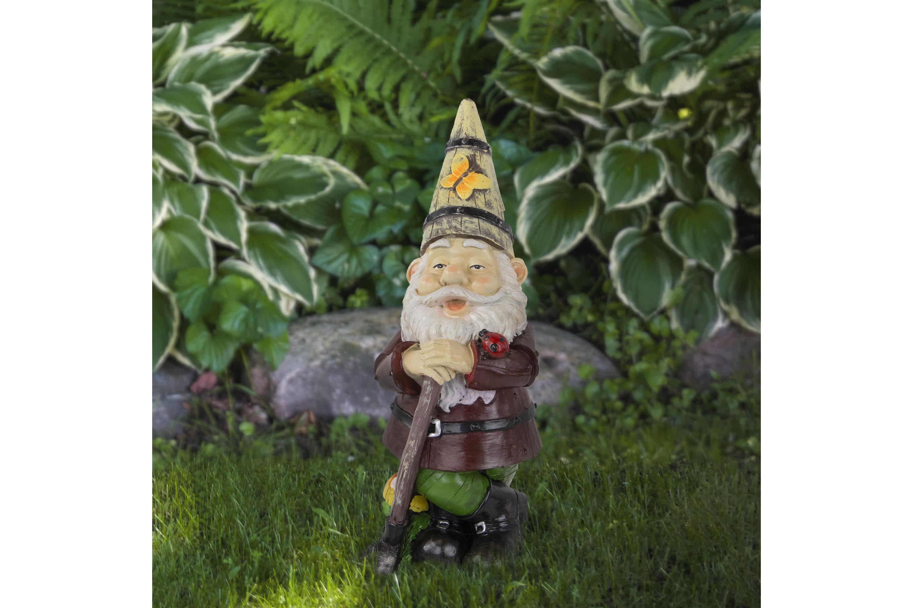 Gnome with Butterfly and Ladybug Outdoor Garden Statue - 15.25"