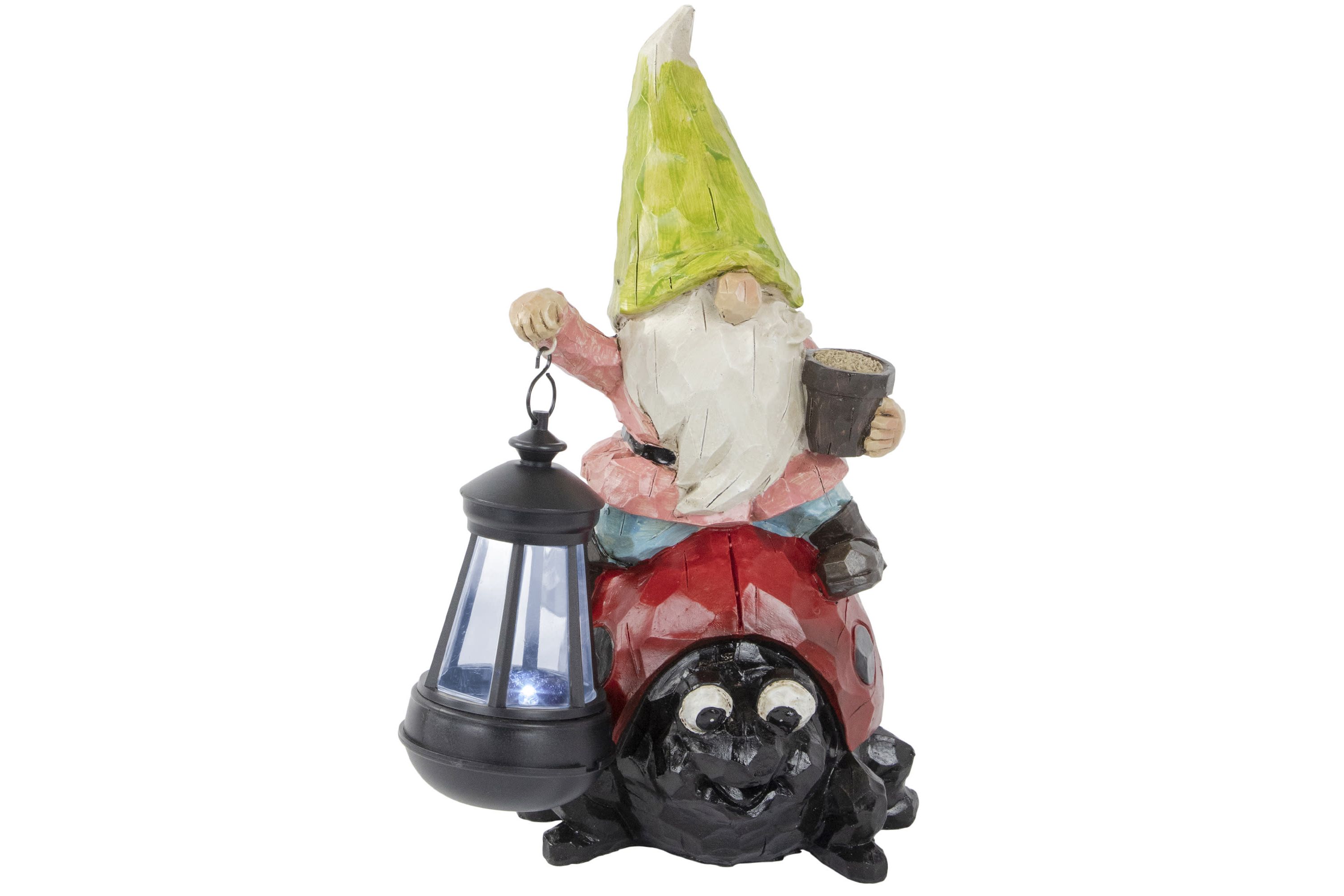 12.25" Solar LED Lighted Gnome and Ladybug Outdoor Garden Statue