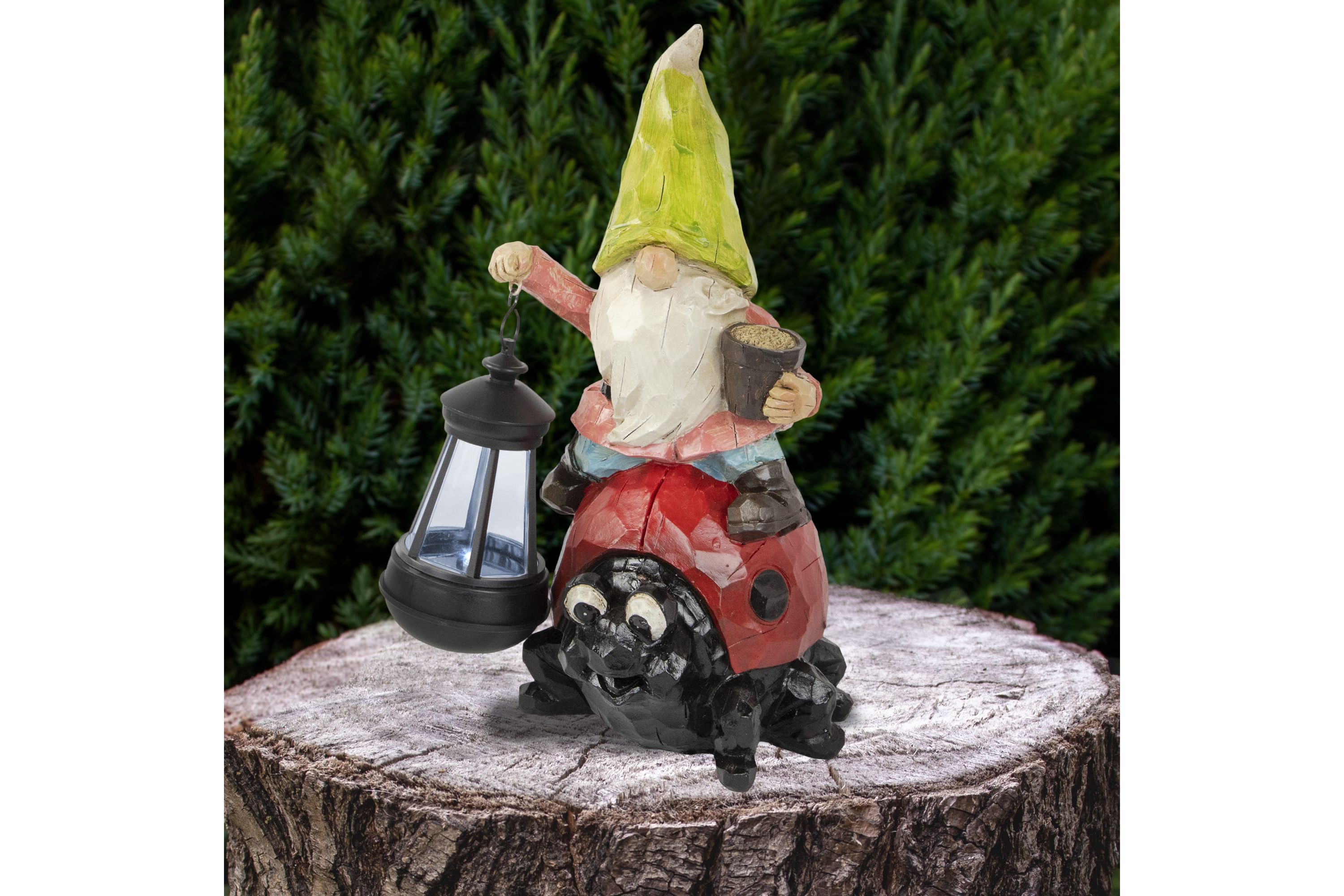 12.25" Solar LED Lighted Gnome and Ladybug Outdoor Garden Statue