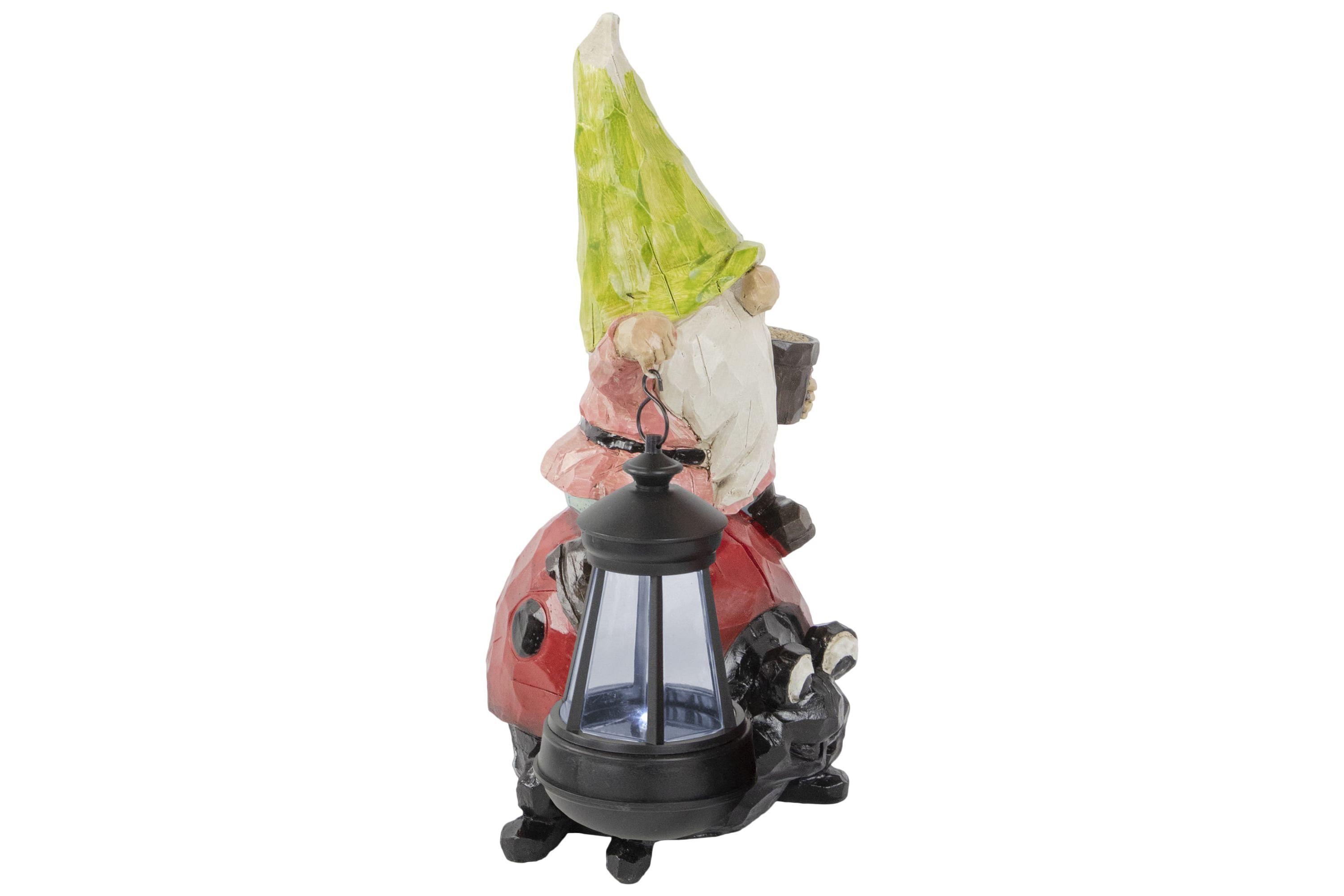 12.25" Solar LED Lighted Gnome and Ladybug Outdoor Garden Statue