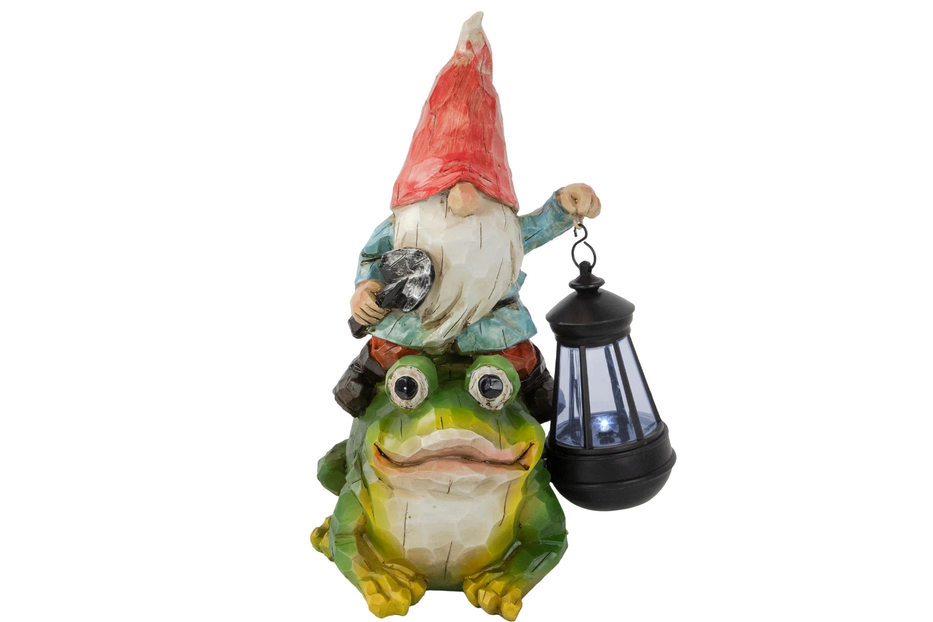 LED Solar Lighted Gnome and Frog Outdoor Garden Statue - 12.5"