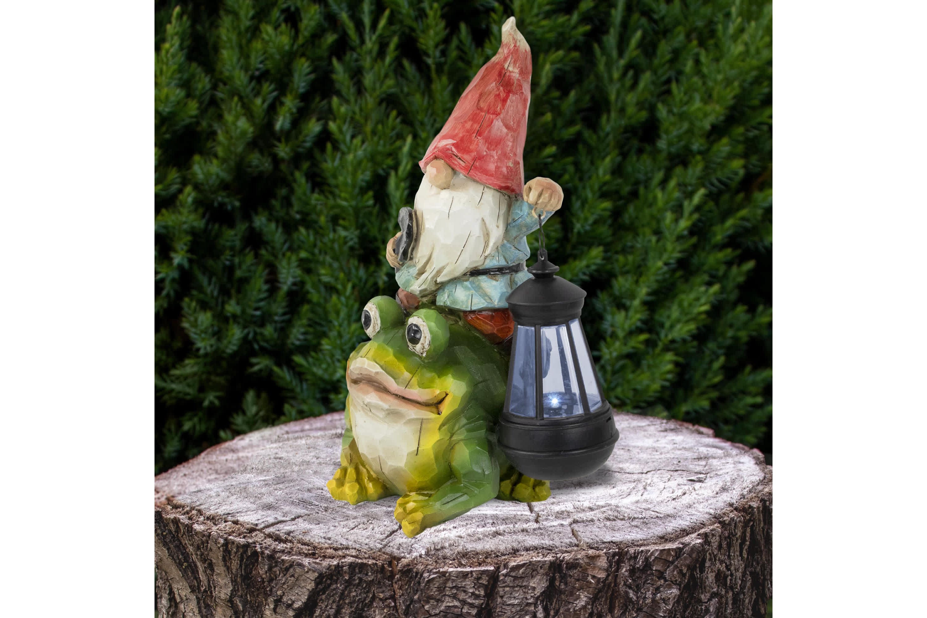 LED Solar Lighted Gnome and Frog Outdoor Garden Statue - 12.5"