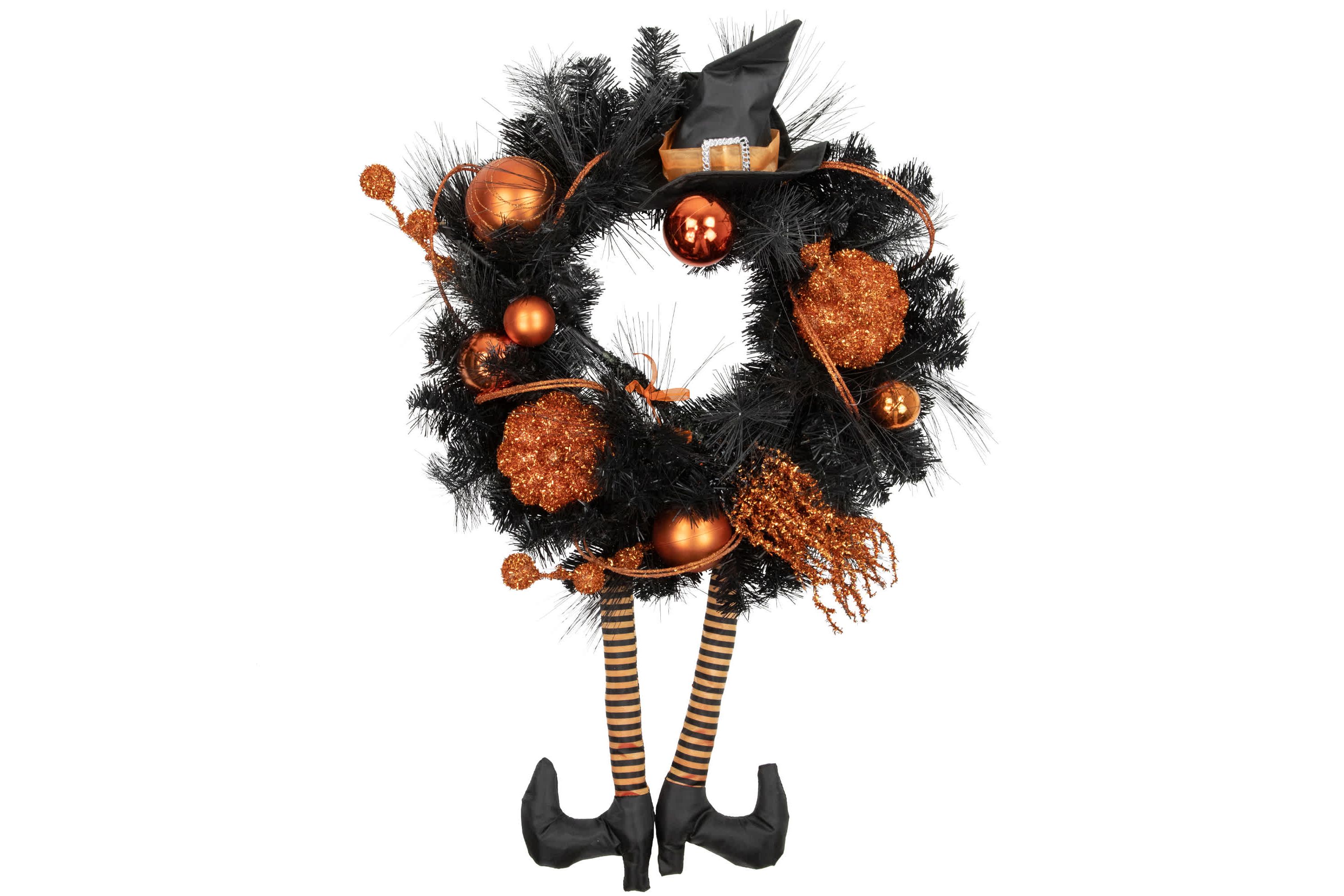 Orange and Black Witch and Pumpkins Halloween Wreath  24-Inch  Unlit