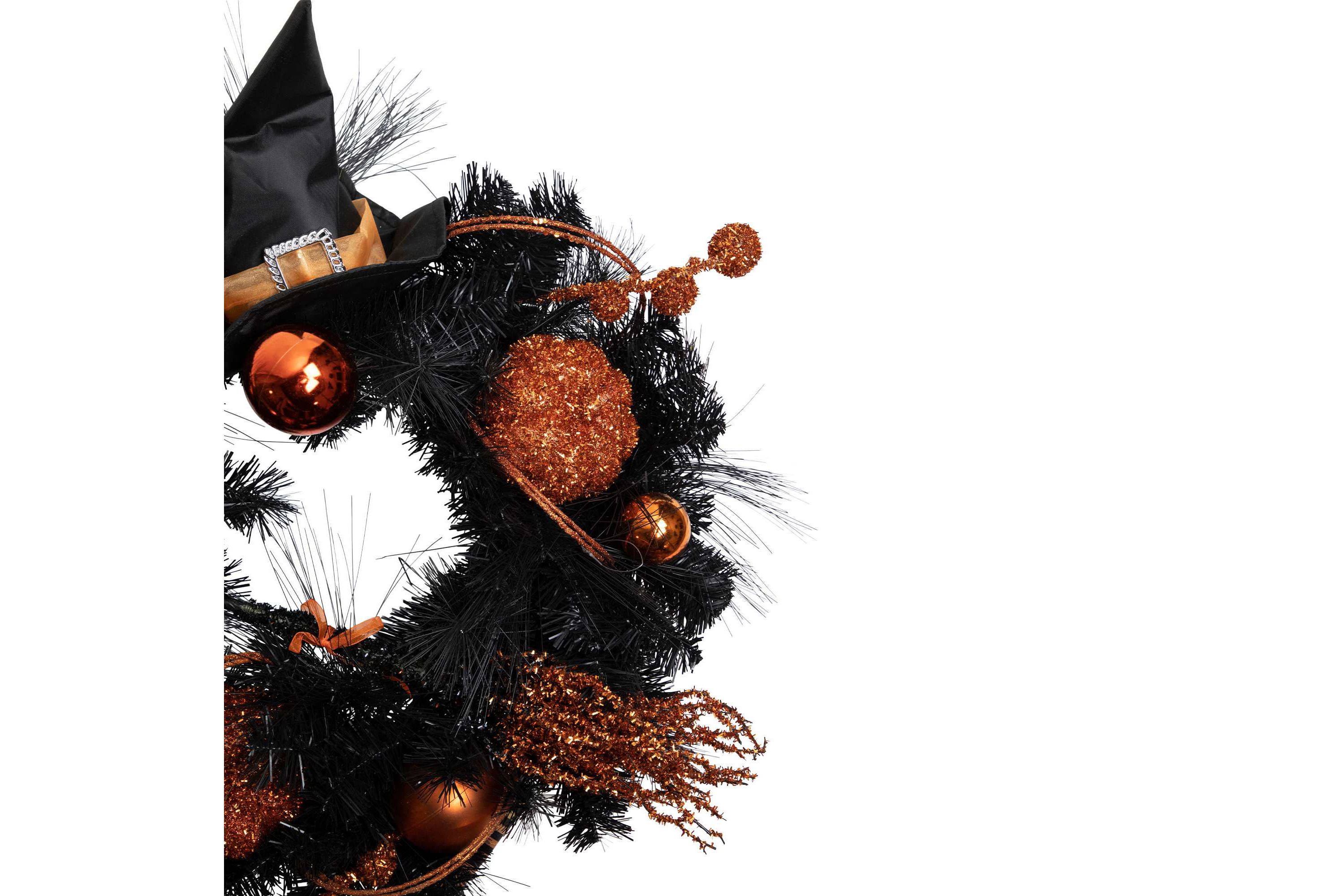 Orange and Black Witch and Pumpkins Halloween Wreath  24-Inch  Unlit