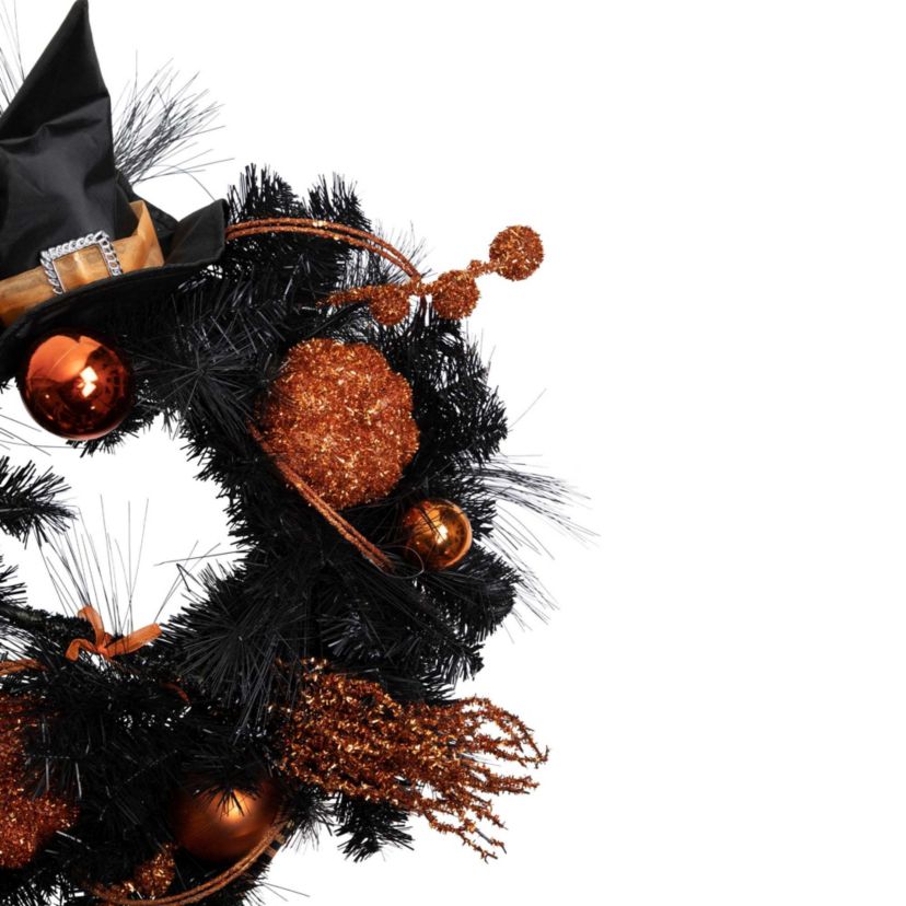 Orange and Black Witch and Pumpkins Halloween Wreath  24-Inch  Unlit