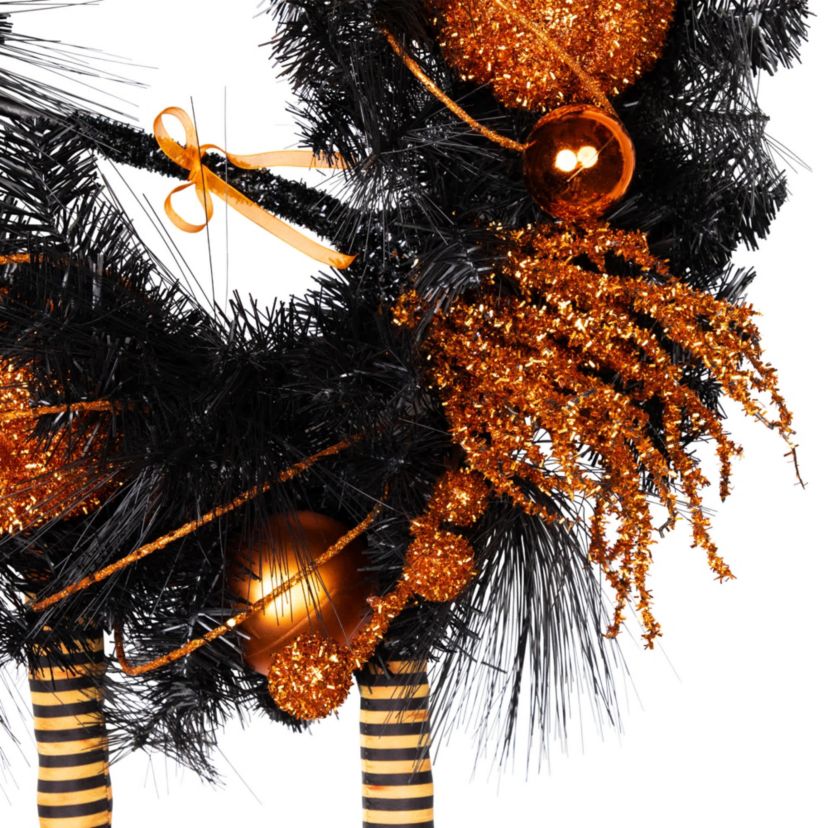 Orange and Black Witch and Pumpkins Halloween Wreath  24-Inch  Unlit