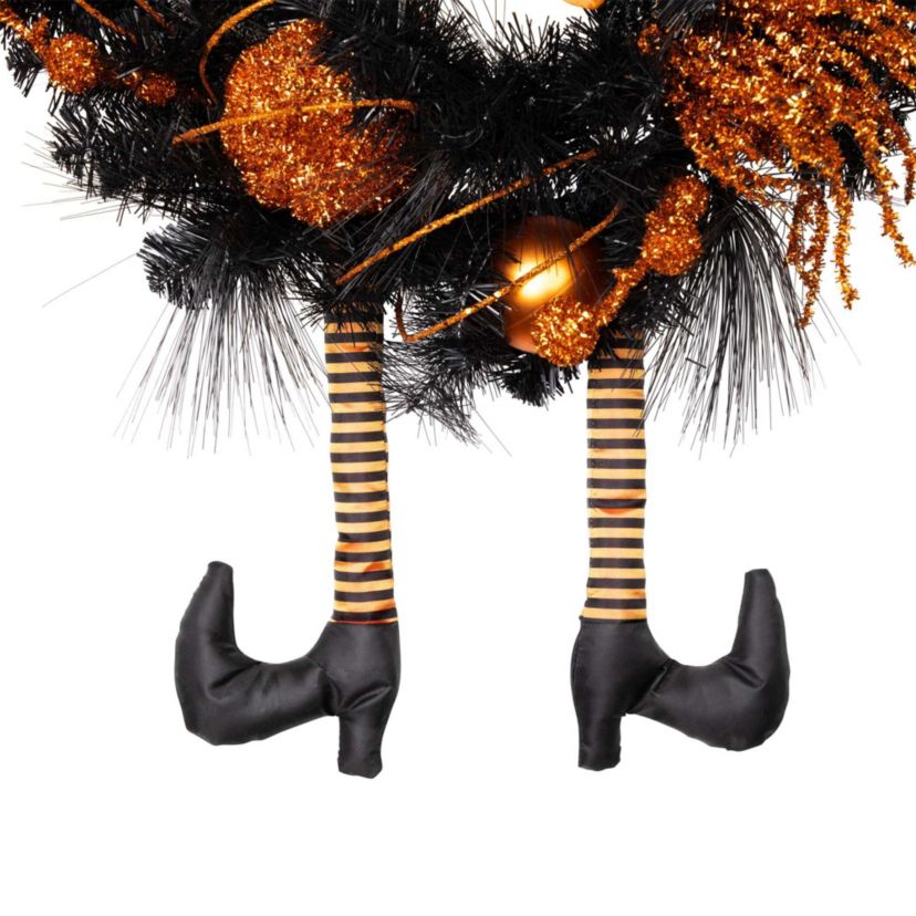 Orange and Black Witch and Pumpkins Halloween Wreath  24-Inch  Unlit