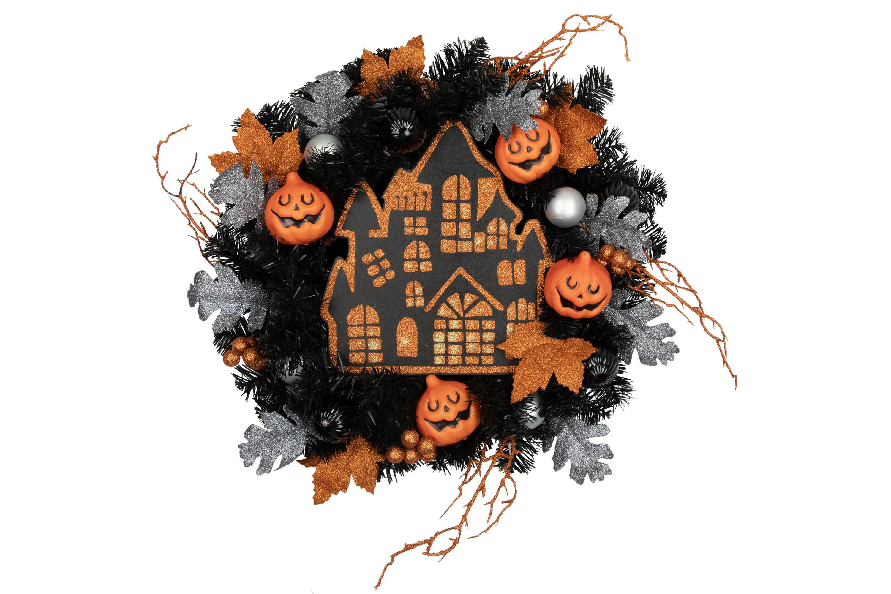 Orange and Black Haunted House Halloween Wreath  24-Inch  Unlit