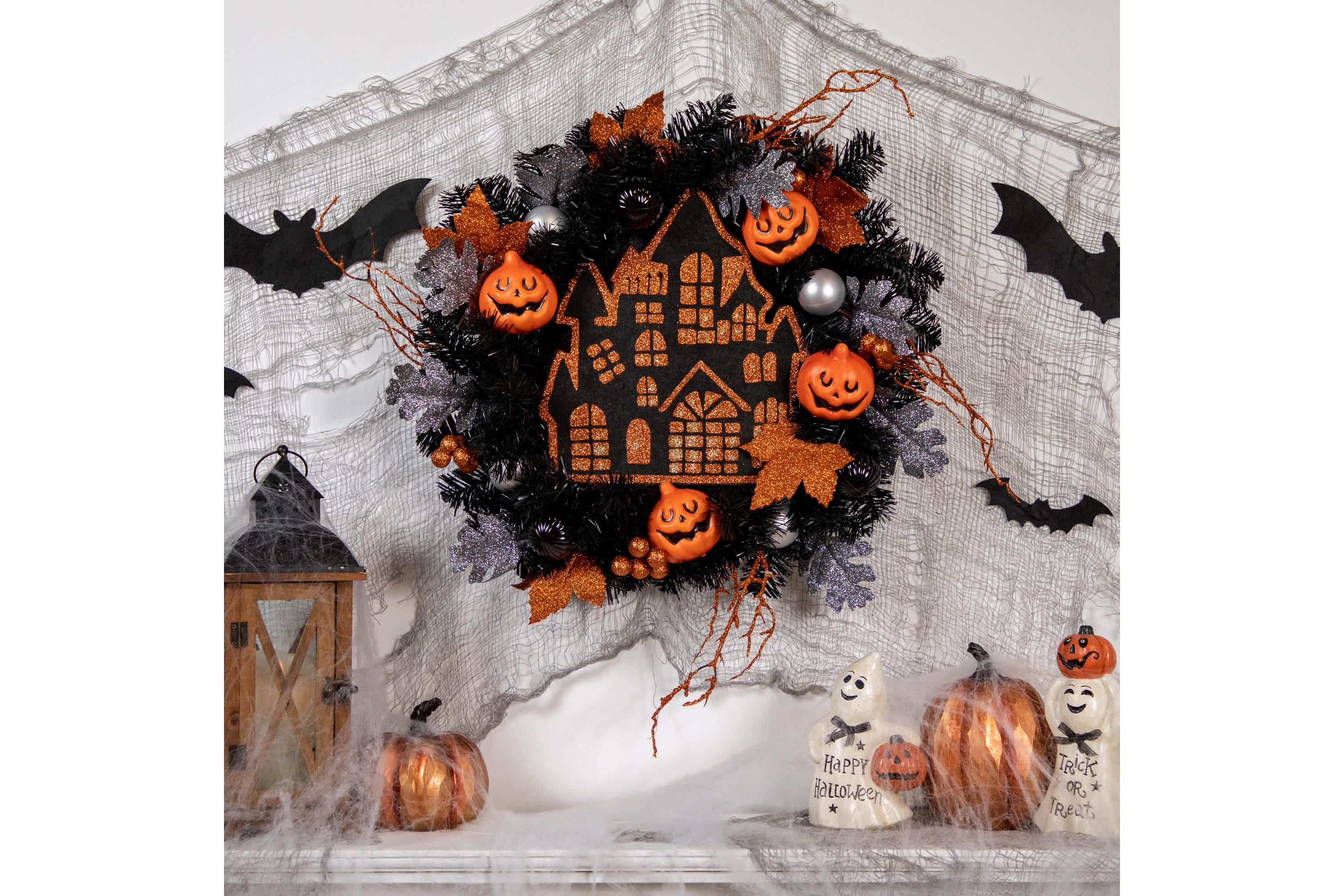 Orange and Black Haunted House Halloween Wreath  24-Inch  Unlit