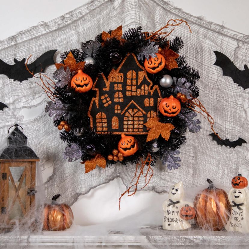 Orange and Black Haunted House Halloween Wreath  24-Inch  Unlit