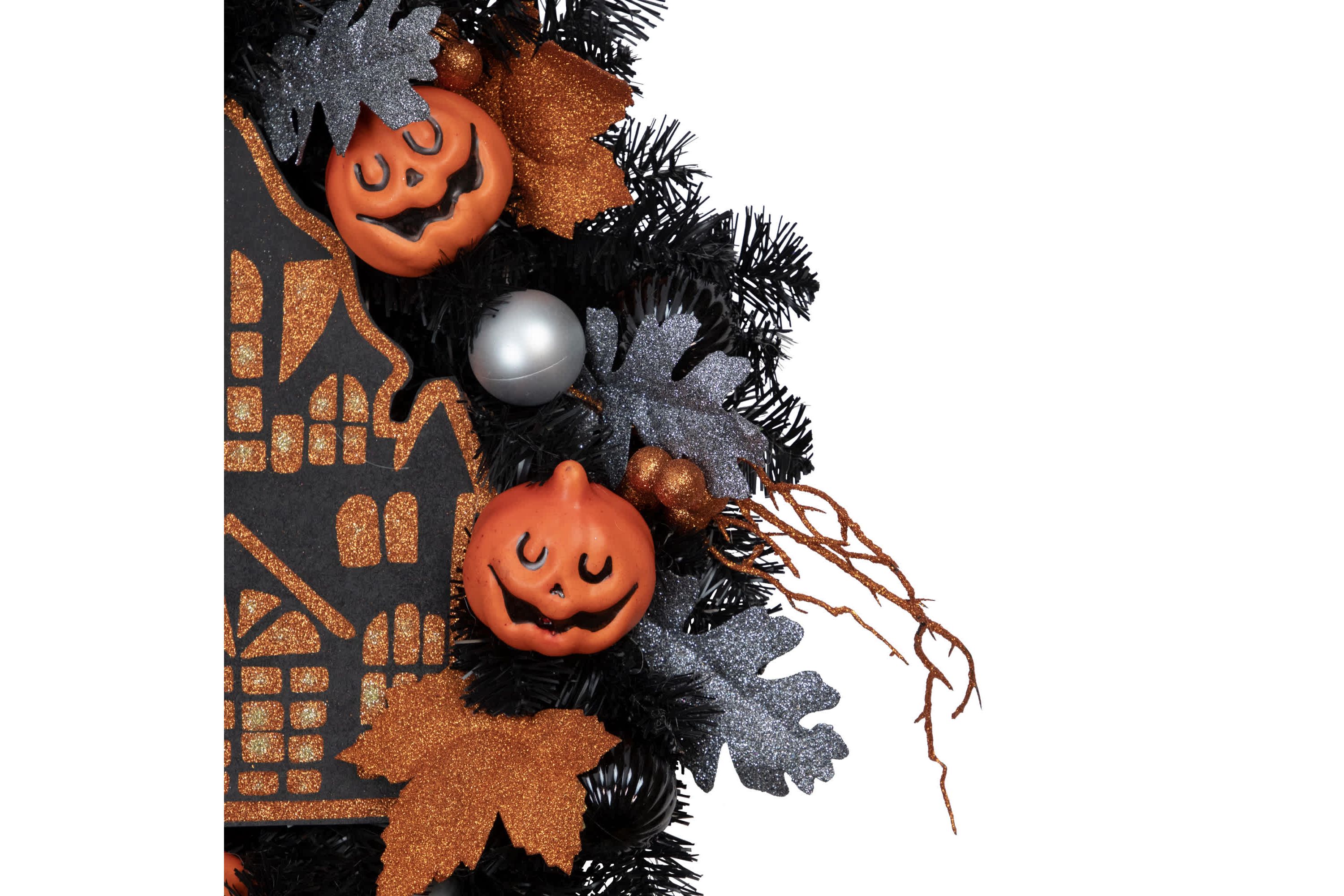 Orange and Black Haunted House Halloween Wreath  24-Inch  Unlit