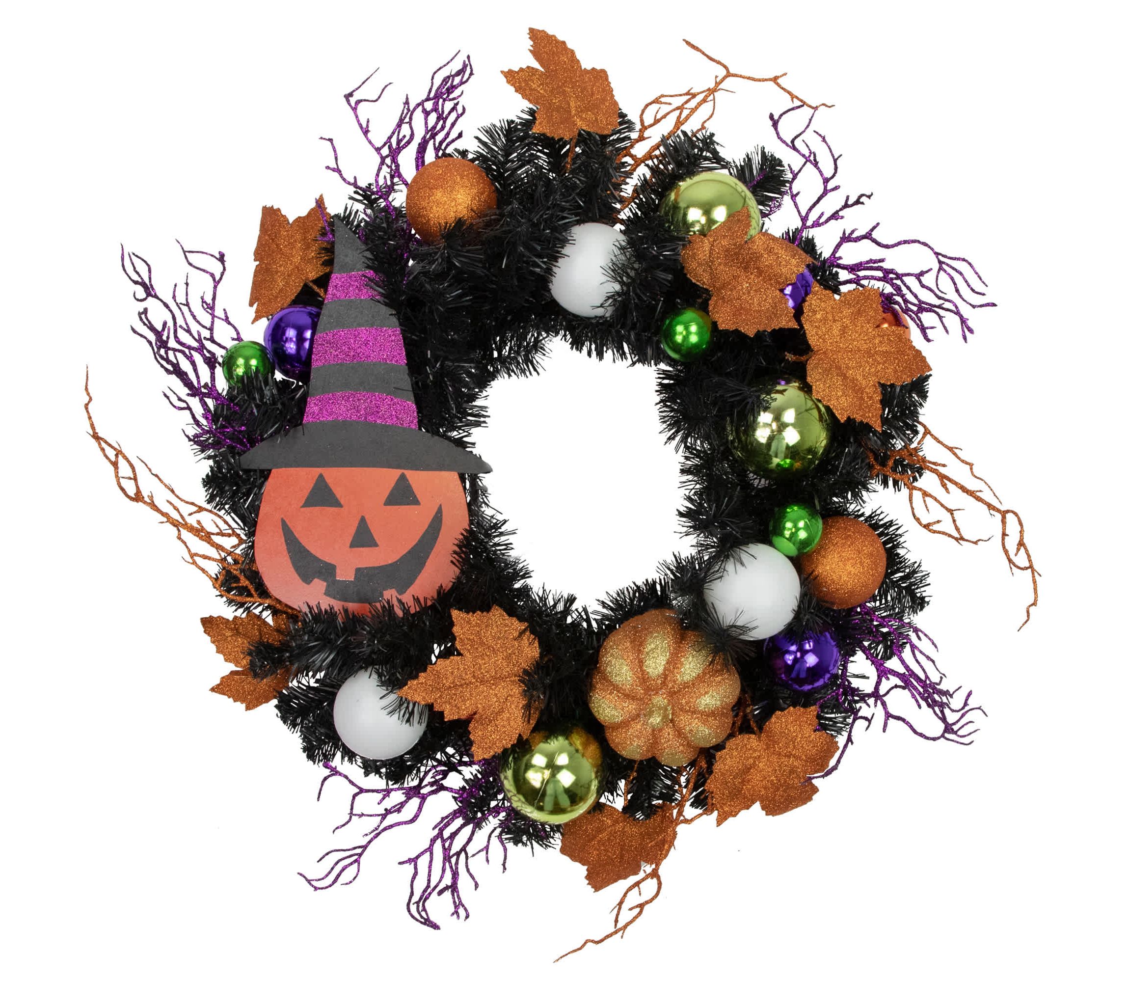 Jack-O-Lantern in Witches Hat Halloween Pine Wreath  24-Inch  Unlit