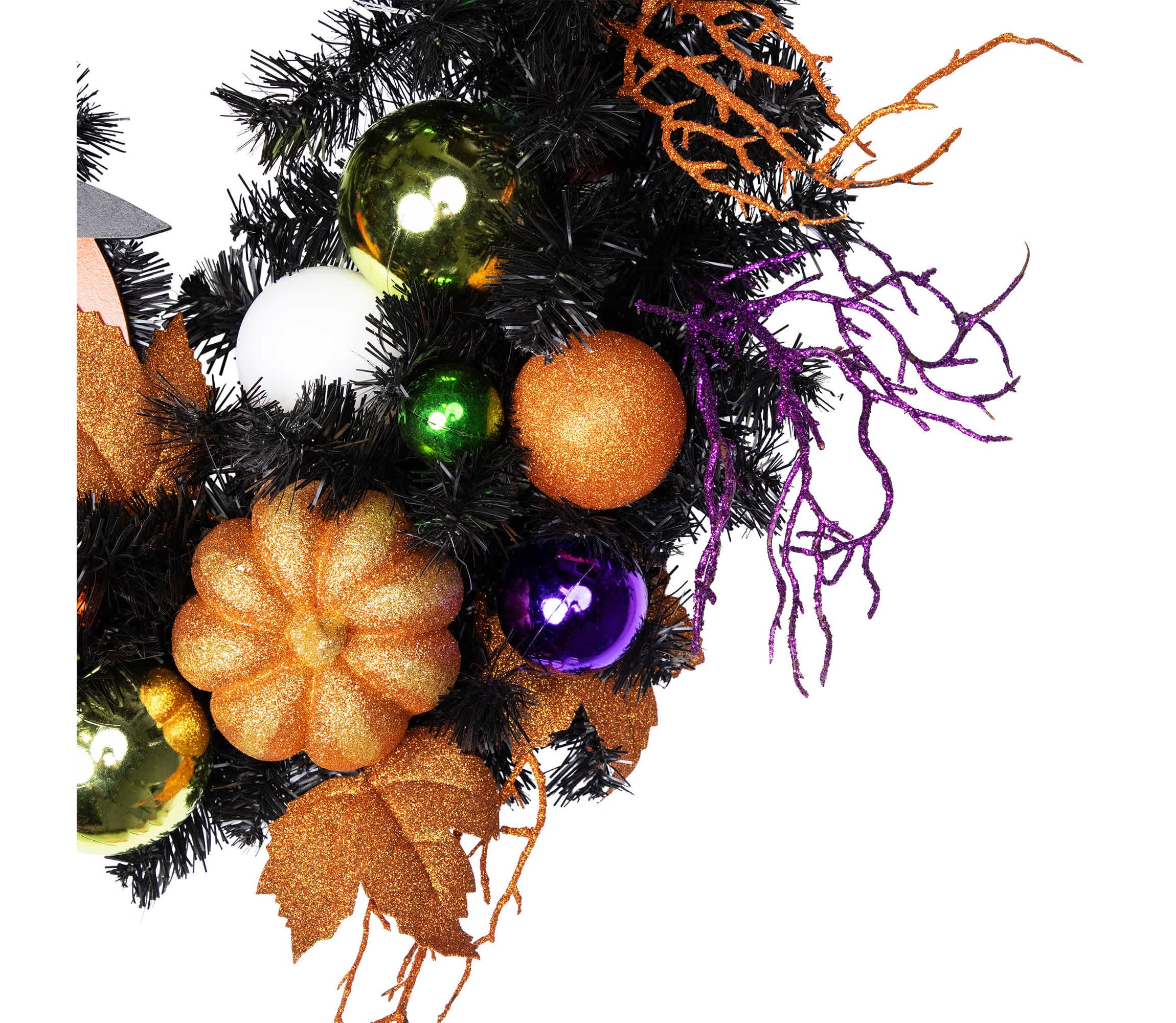 Jack-O-Lantern in Witches Hat Halloween Pine Wreath  24-Inch  Unlit