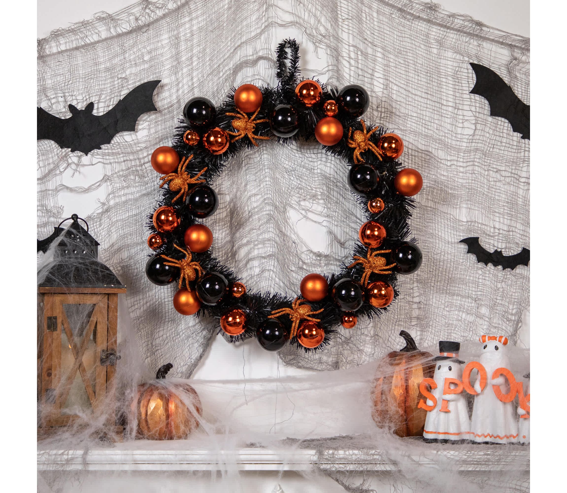 Orange Spiders and Ornaments Halloween Wreath 18-Inch Unlit