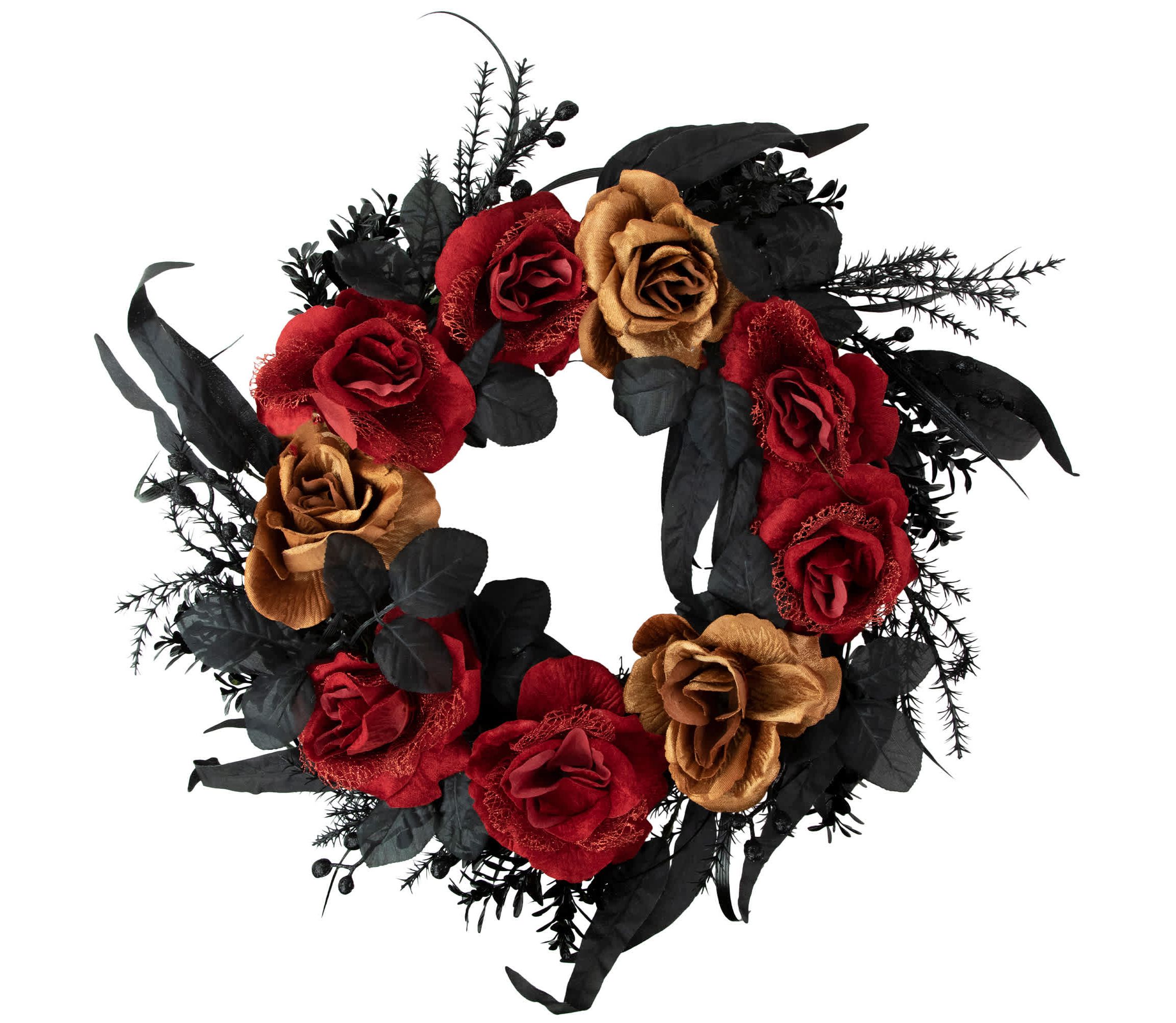 Red and Gold Roses with Black Foliage Halloween Wreath  22-Inch  Unlit