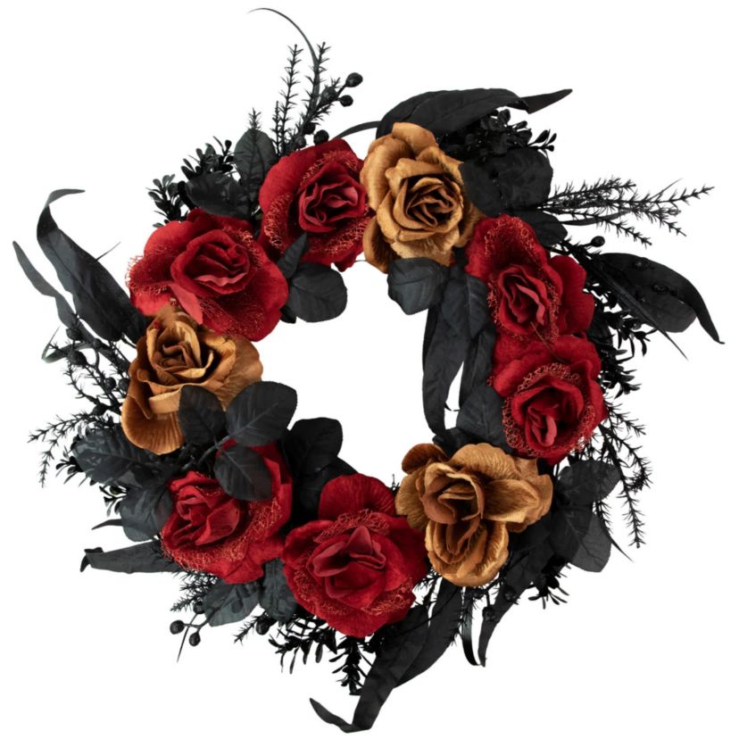 Red and Gold Roses with Black Foliage Halloween Wreath  22-Inch  Unlit