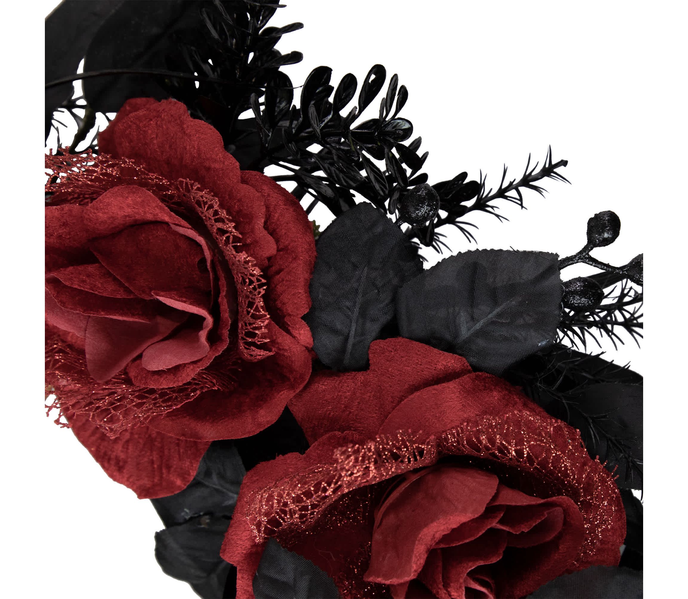 Red and Gold Roses with Black Foliage Halloween Wreath  22-Inch  Unlit