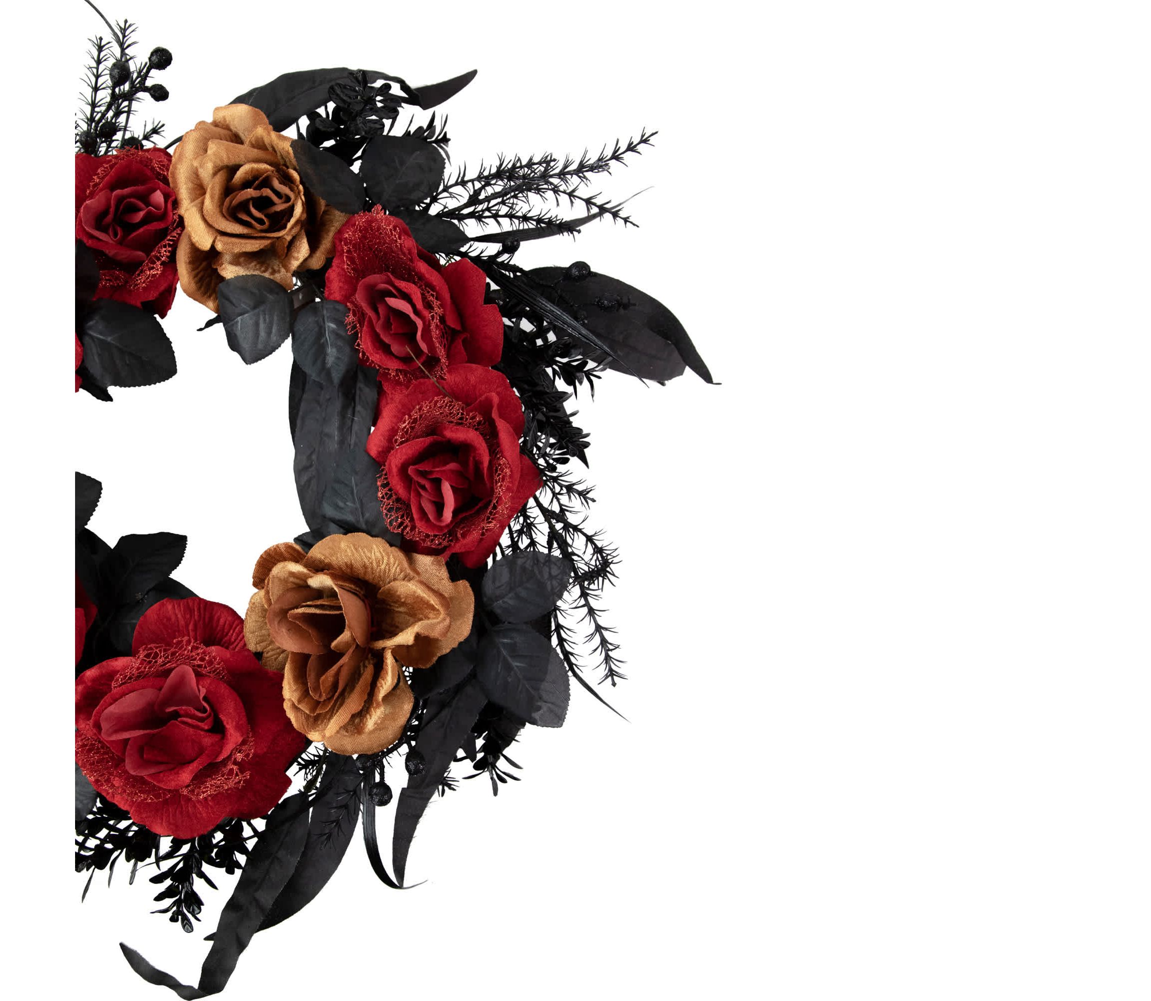 Red and Gold Roses with Black Foliage Halloween Wreath  22-Inch  Unlit