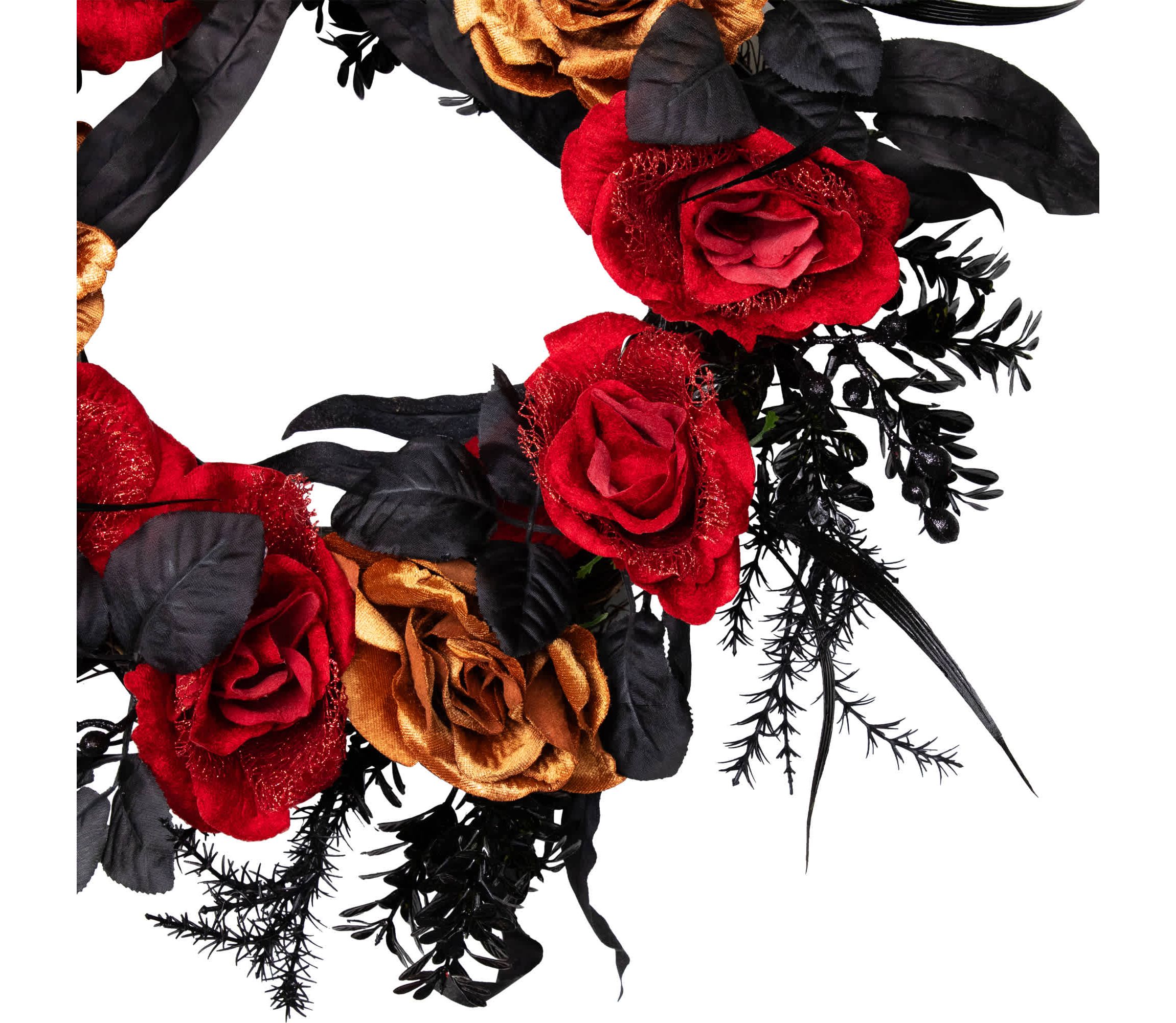 Red and Gold Roses with Black Foliage Halloween Wreath  22-Inch  Unlit