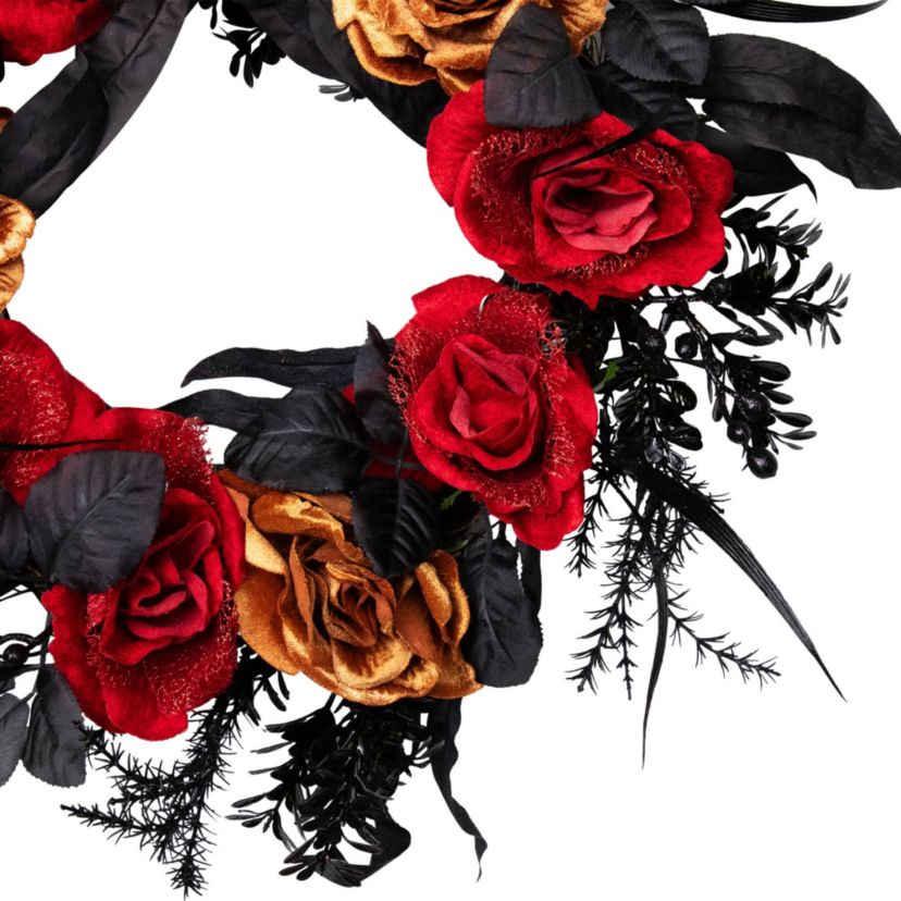 Red and Gold Roses with Black Foliage Halloween Wreath  22-Inch  Unlit
