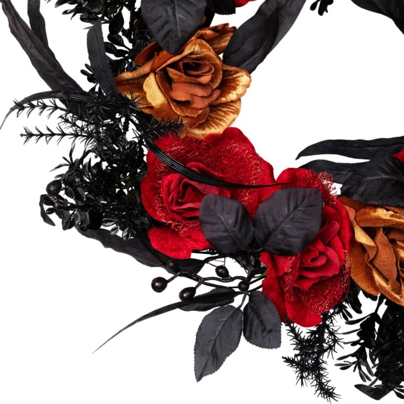 Red and Gold Roses with Black Foliage Halloween Wreath  22-Inch  Unlit