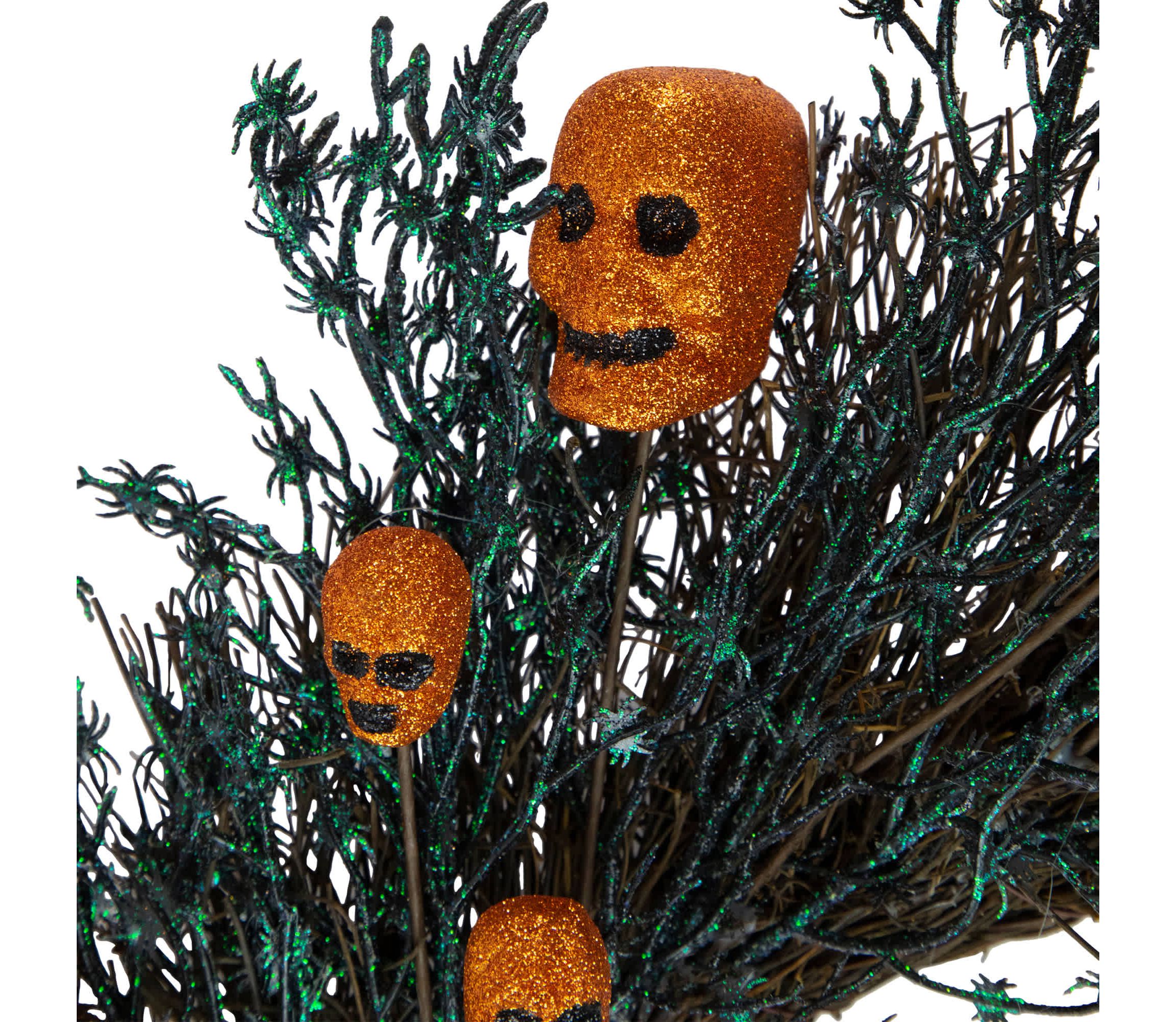 Black and Orange Skulls and Spiders Halloween Twig Wreath  22-Inch  Unlit