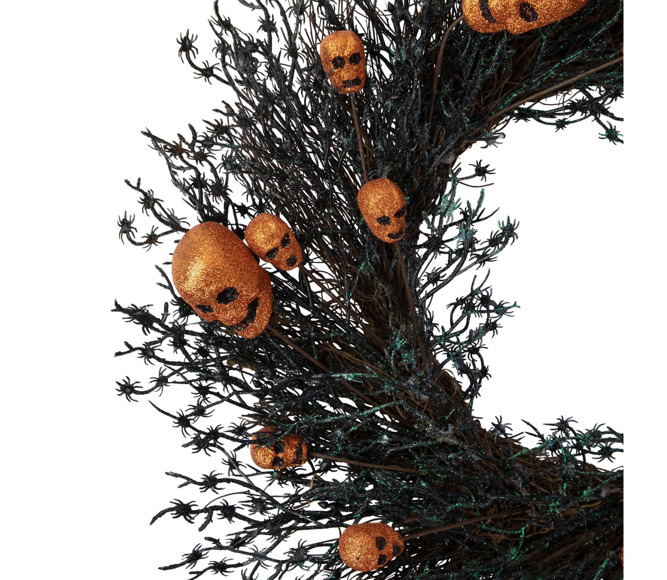 Black and Orange Skulls and Spiders Halloween Twig Wreath  22-Inch  Unlit