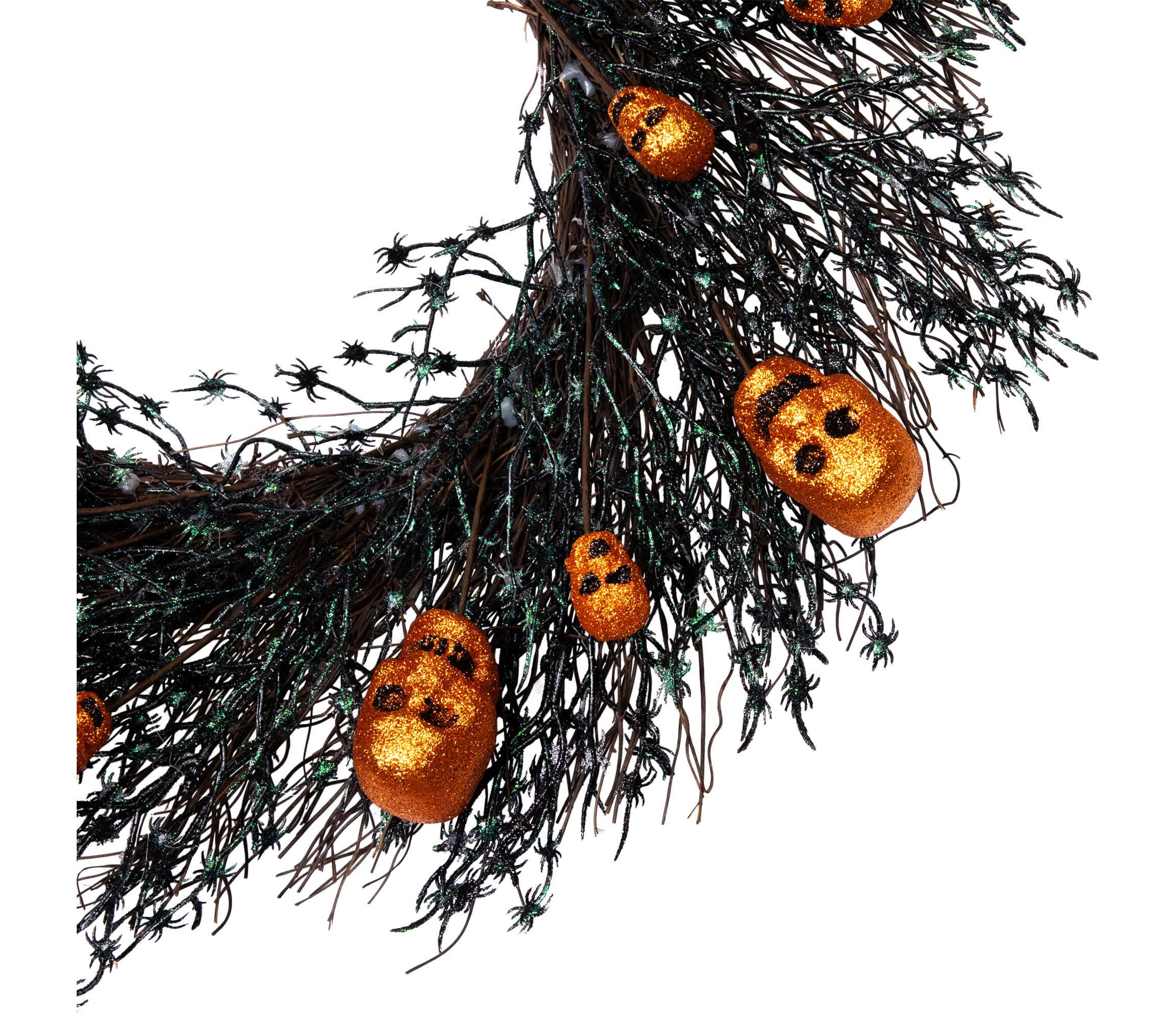 Black and Orange Skulls and Spiders Halloween Twig Wreath  22-Inch  Unlit