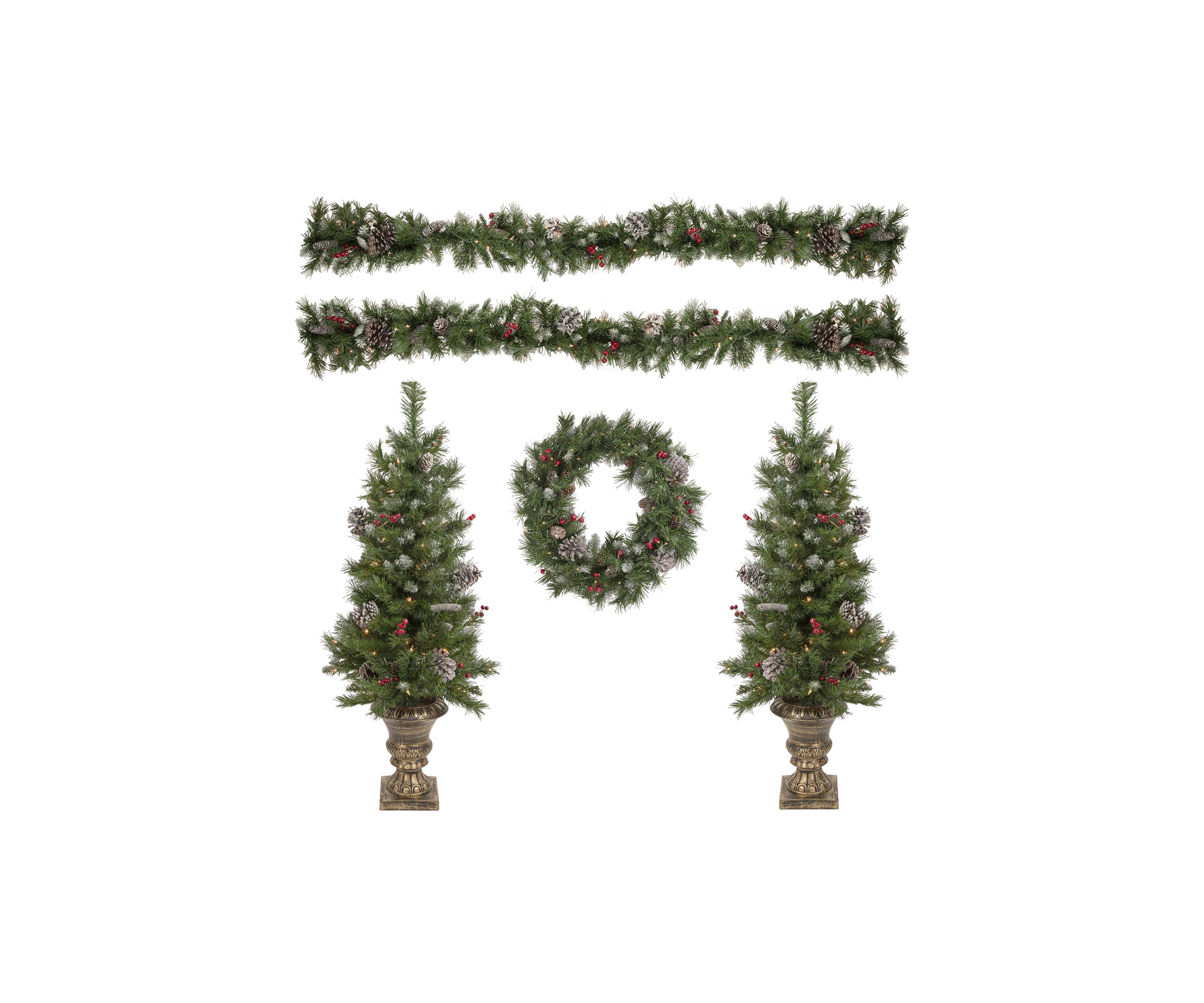 5-Piece Pre-Lit Frosted Verona Berry Pine Artificial Christmas Entryway Set
