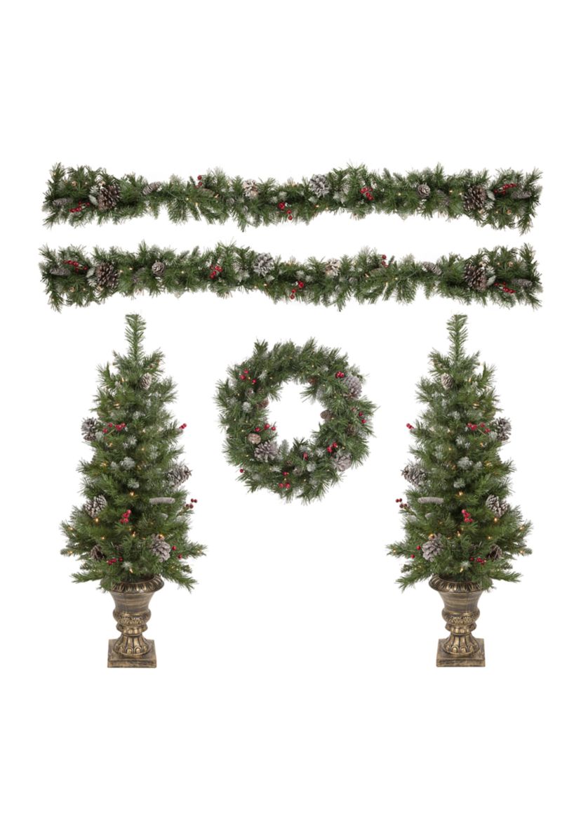 5-Piece Pre-Lit Frosted Verona Berry Pine Artificial Christmas Entryway Set