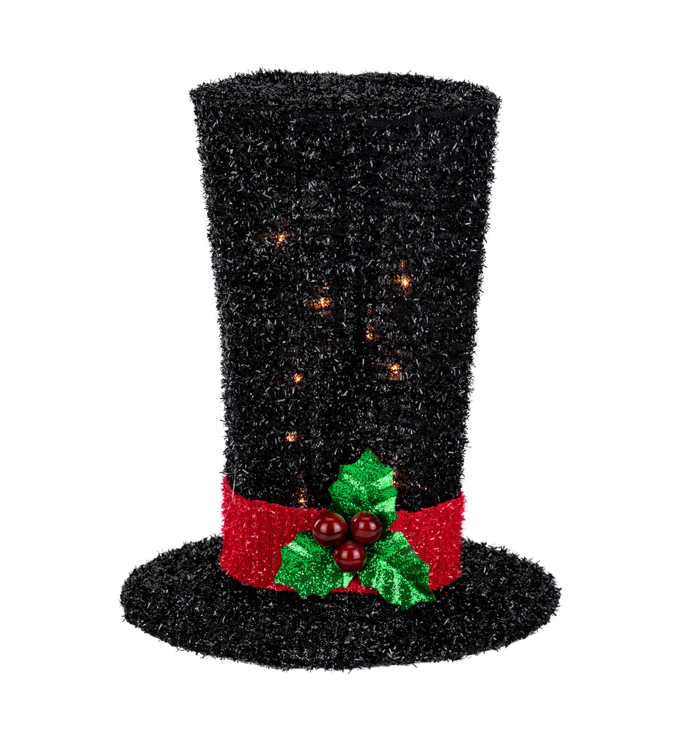 9.25Inch Lighted Black Tinsel Top Hat Christmas Tree Topper  Clear Lights