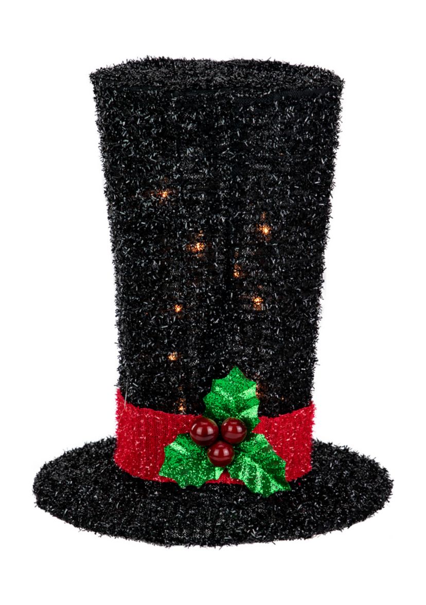 9.25Inch Lighted Black Tinsel Top Hat Christmas Tree Topper  Clear Lights