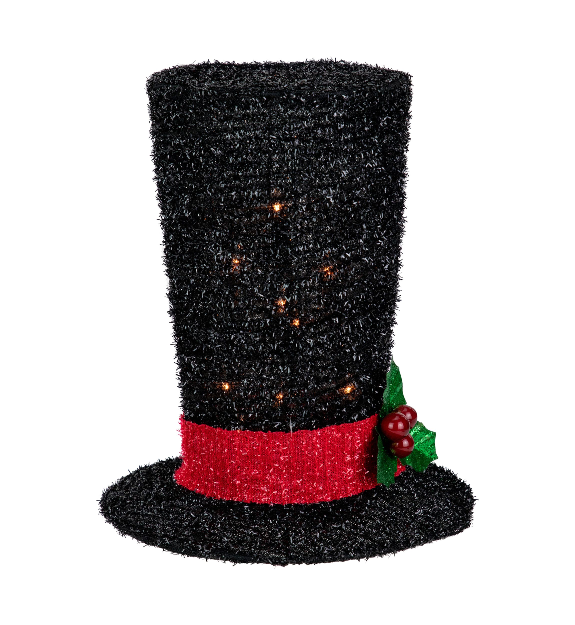 9.25Inch Lighted Black Tinsel Top Hat Christmas Tree Topper  Clear Lights