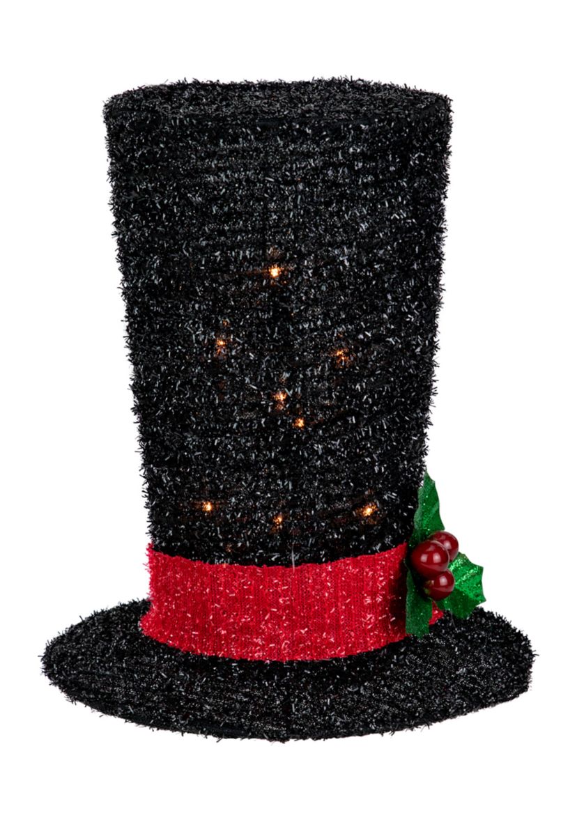 9.25Inch Lighted Black Tinsel Top Hat Christmas Tree Topper  Clear Lights