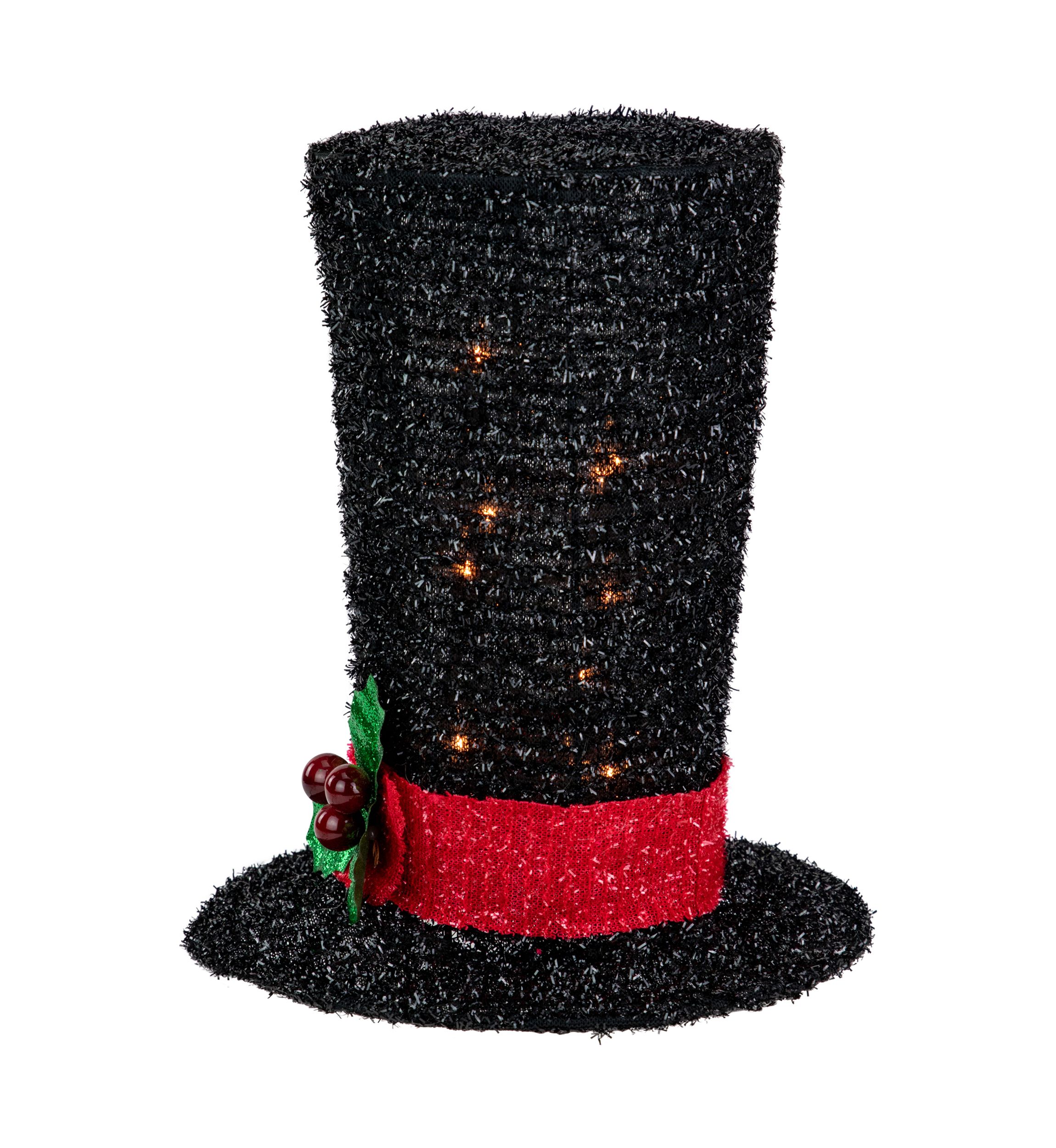 9.25Inch Lighted Black Tinsel Top Hat Christmas Tree Topper  Clear Lights