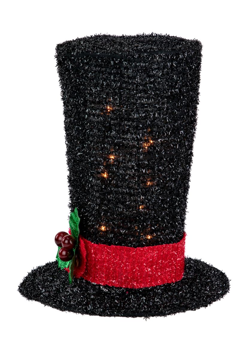 9.25Inch Lighted Black Tinsel Top Hat Christmas Tree Topper  Clear Lights