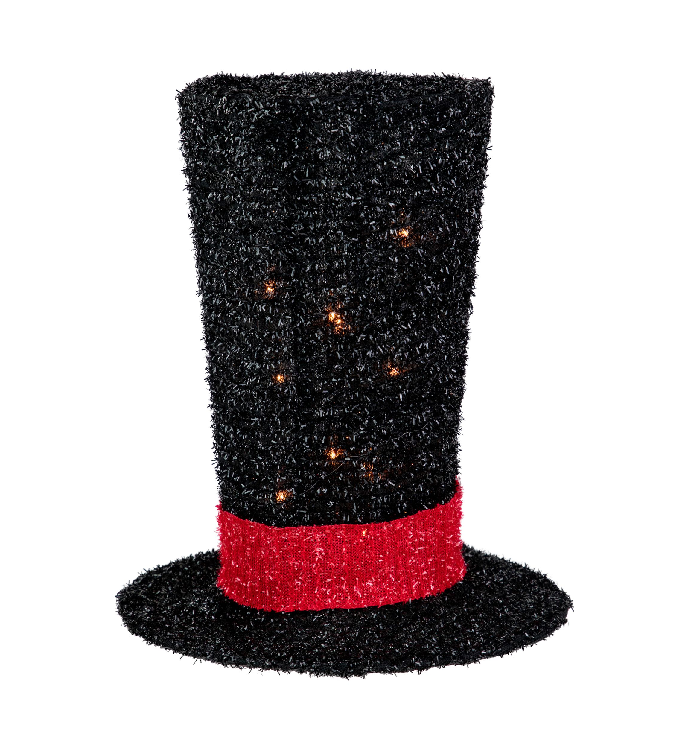 9.25Inch Lighted Black Tinsel Top Hat Christmas Tree Topper  Clear Lights