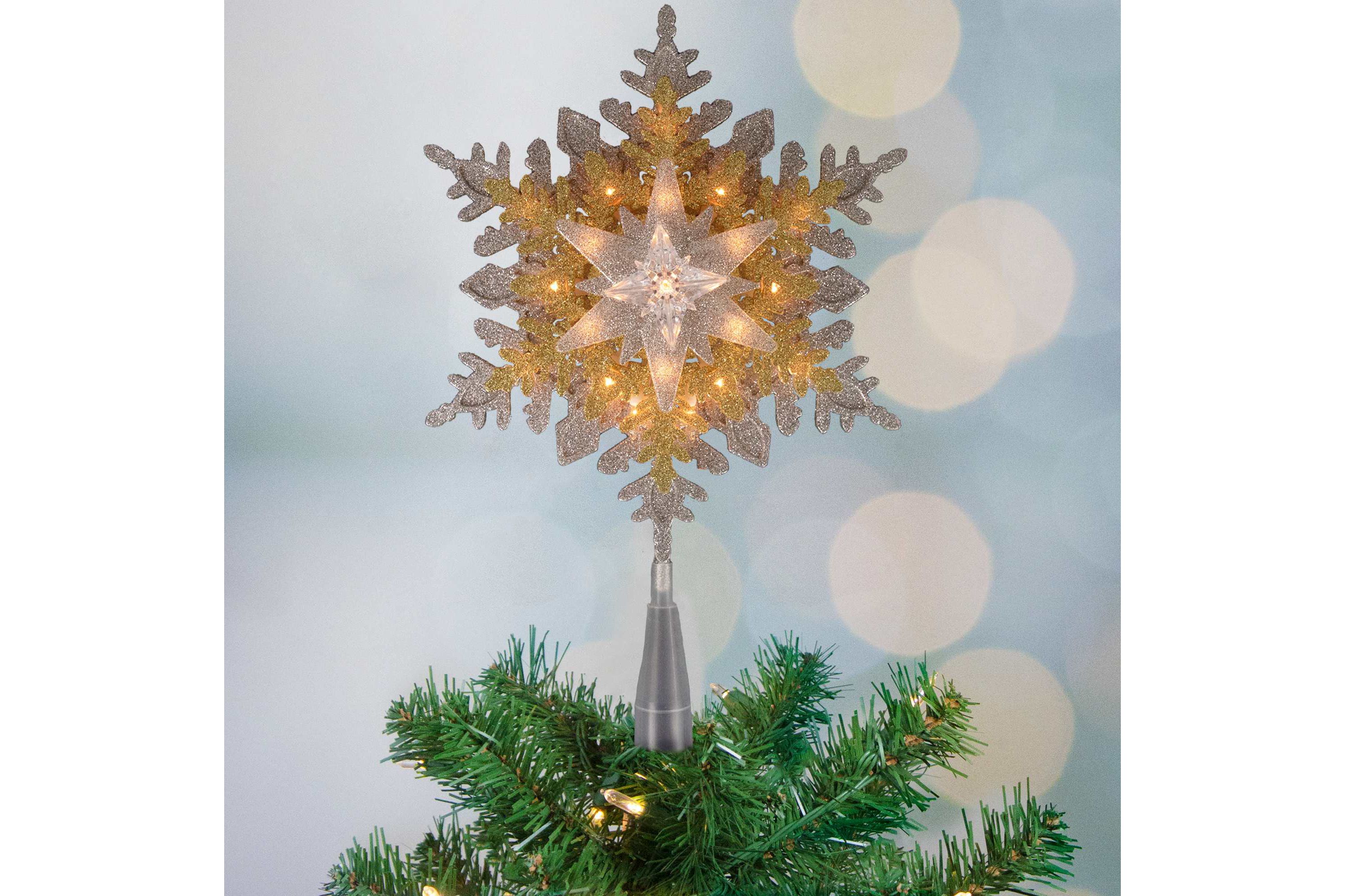 13.75" Lighted Gold and Silver Snowflake Christmas Tree Topper  Clear Lights