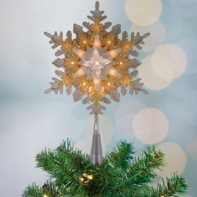 13.75" Lighted Gold and Silver Snowflake Christmas Tree Topper  Clear Lights