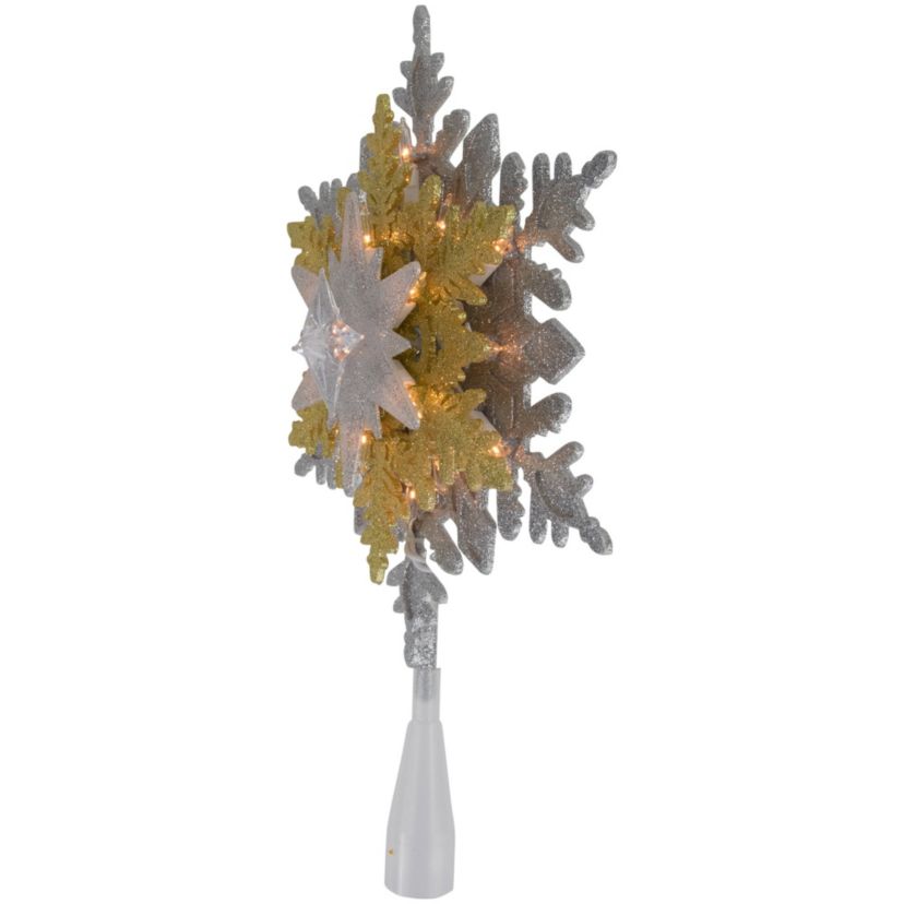 13.75" Lighted Gold and Silver Snowflake Christmas Tree Topper  Clear Lights