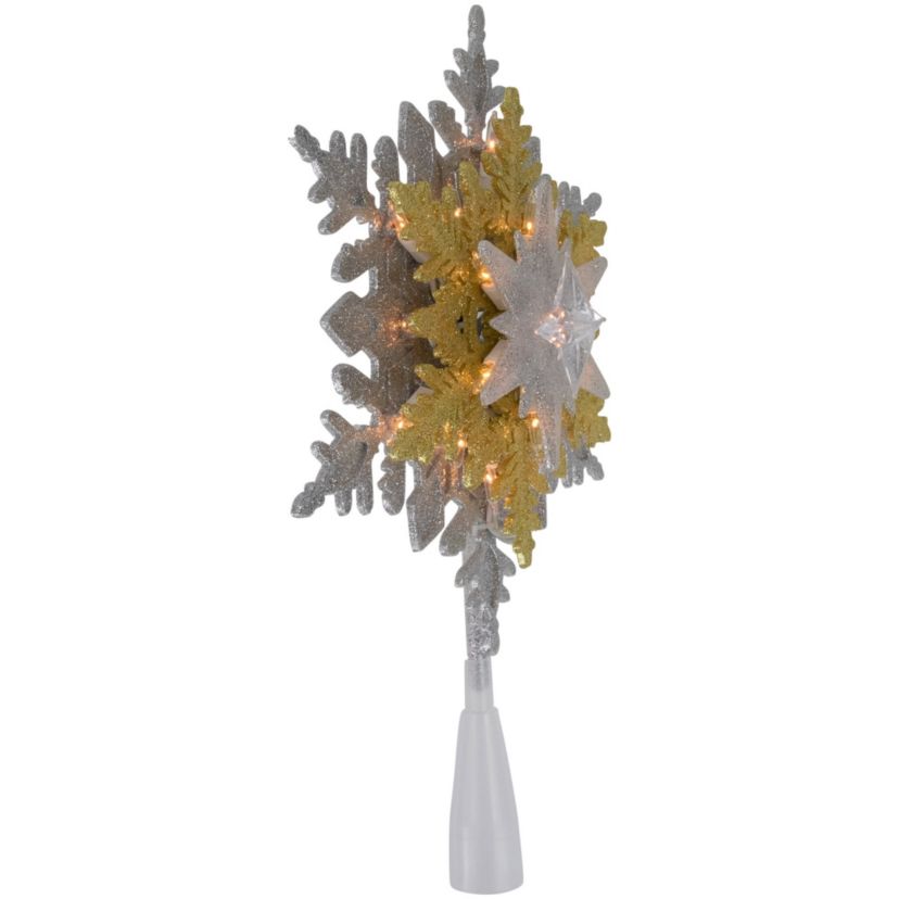 13.75" Lighted Gold and Silver Snowflake Christmas Tree Topper  Clear Lights