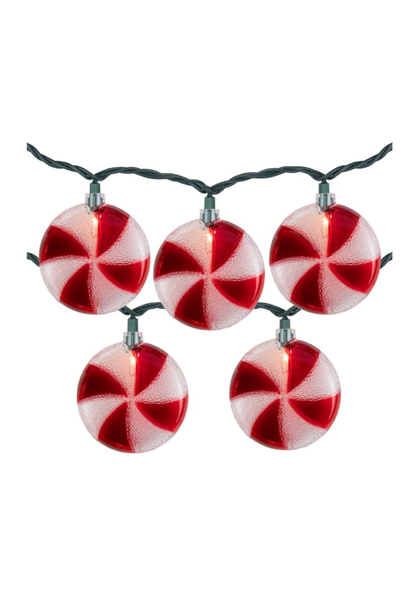 10 Count Peppermint Candy Christmas Light Set  6ft Green Wire