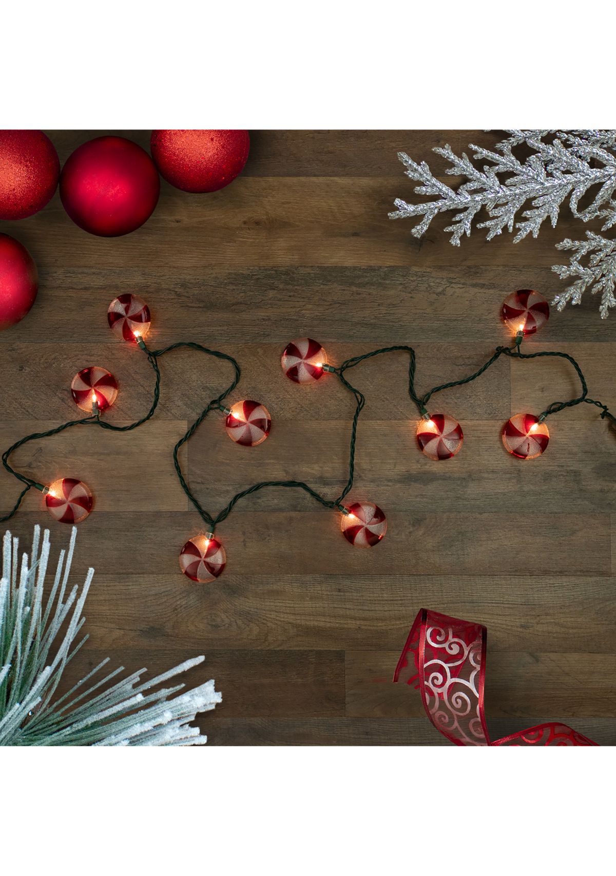 10 Count Peppermint Candy Christmas Light Set  6ft Green Wire