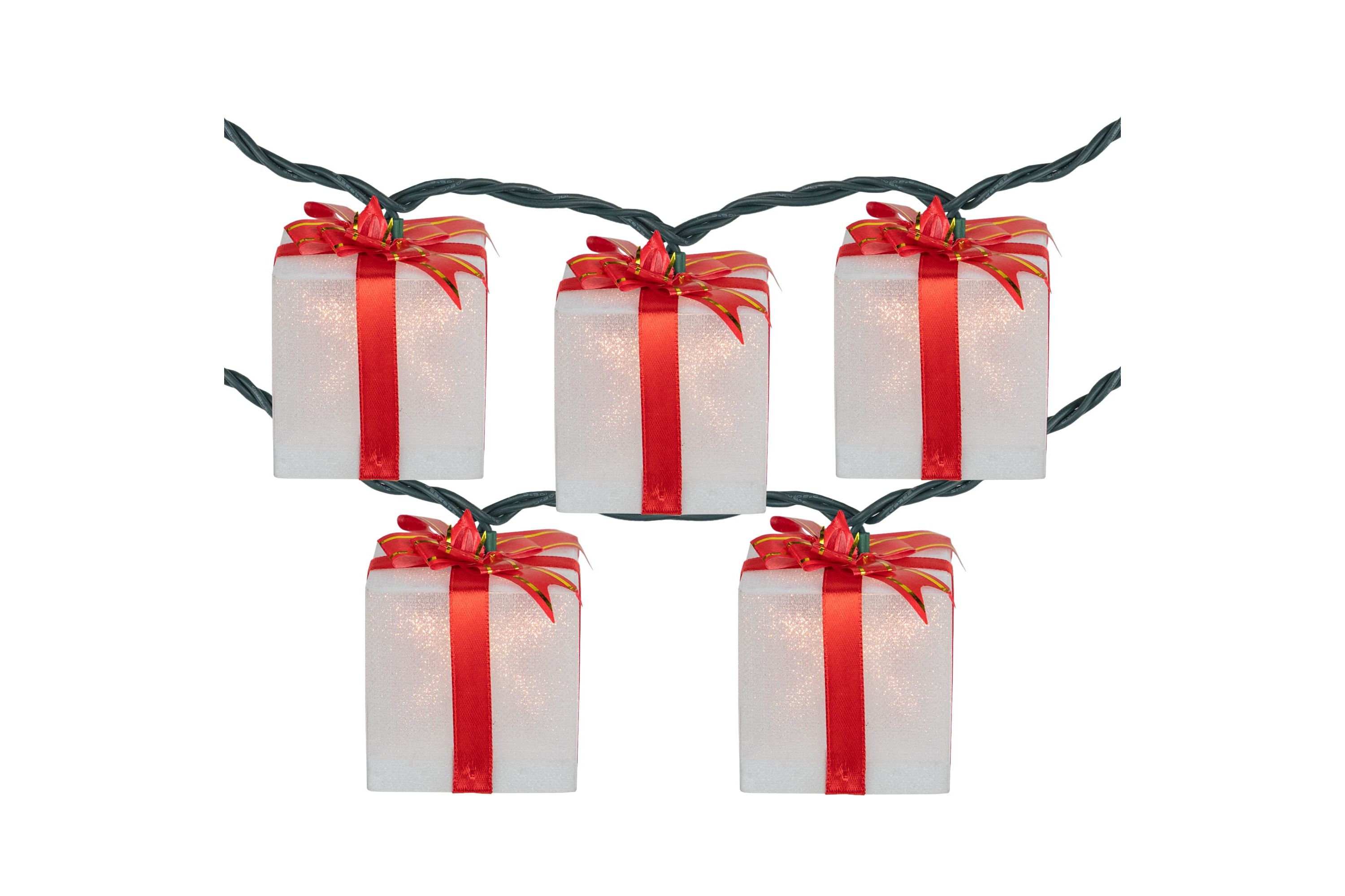 10-Count White and Red Christmas Present Light Set- 7.5ft Green Wire